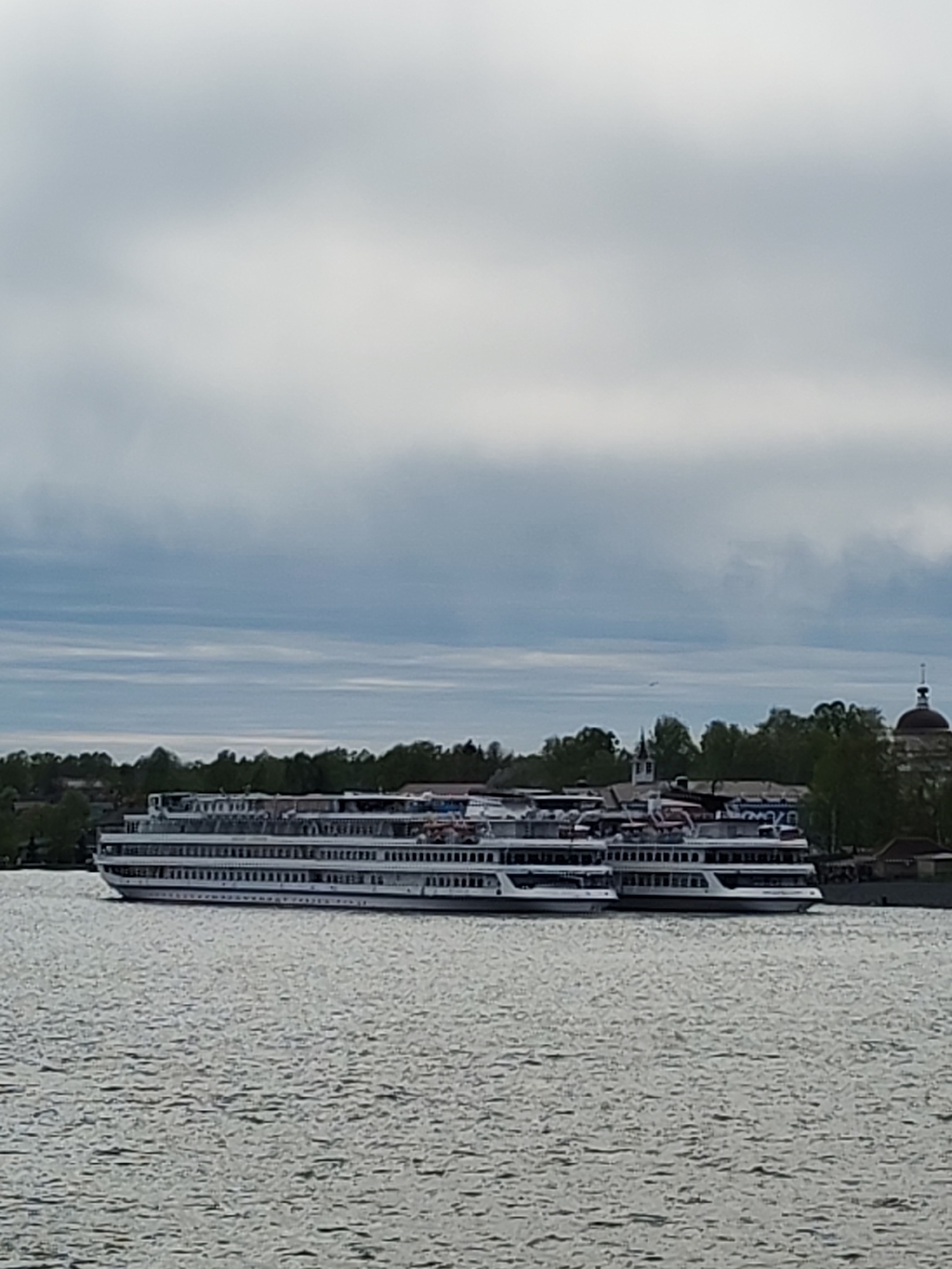 The image depicts a long, white passenger river cruise ship with multiple decks, docked near the shoreline of the Volga River in Myshkin, Russia. The ship is the primary subject and appears to be several stories high, with numerous windows. A line of trees and building domes are visible on the shore in the background, and the sky is overcast with a mix of gray and white clouds. The water of the Volga River occupies the lower portion of the image, showing a slight ripple and texture.