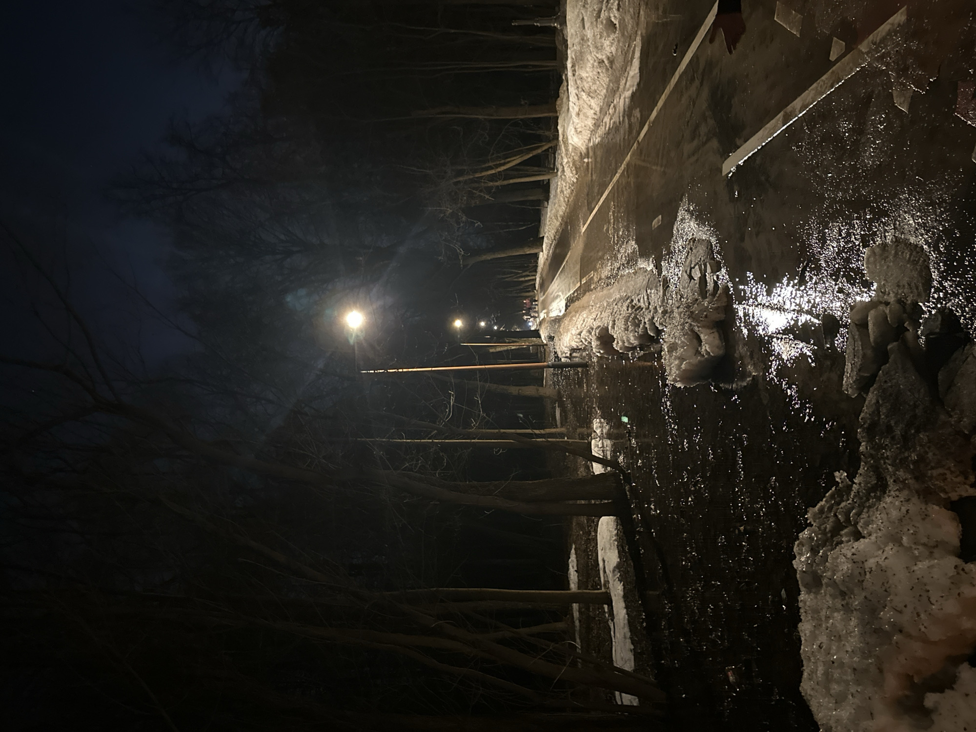 The image shows a street in Moscow, Russia at night. The road is wet, reflecting the light from street lamps. Banks of snow and ice line the road, and bare trees are visible on either side. The scene is mostly dark, illuminated by the street lamps.