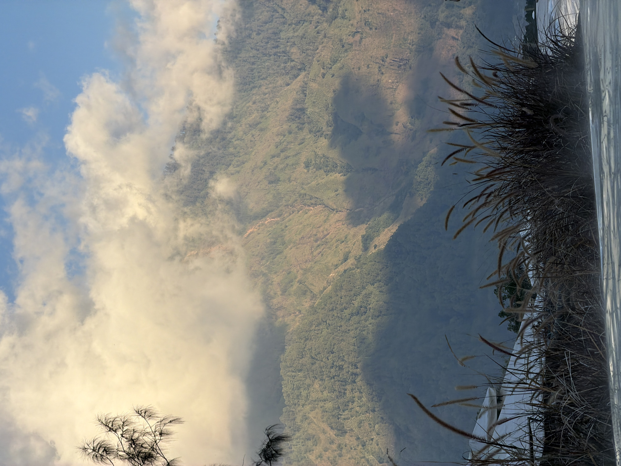 A photograph taken in Kintamani, Indonesia, depicts a mountain range partially obscured by clouds. In the foreground, dry grass and what appears to be a white structure are visible. The mountains are covered in lush vegetation, with some bare patches of earth and a dry stream bed visible on the slope. The sky above is a mix of blue sky and soft, golden clouds, suggesting either sunrise or sunset. The lighting casts shadows across the mountain, highlighting its contours. No people are present in the frame.