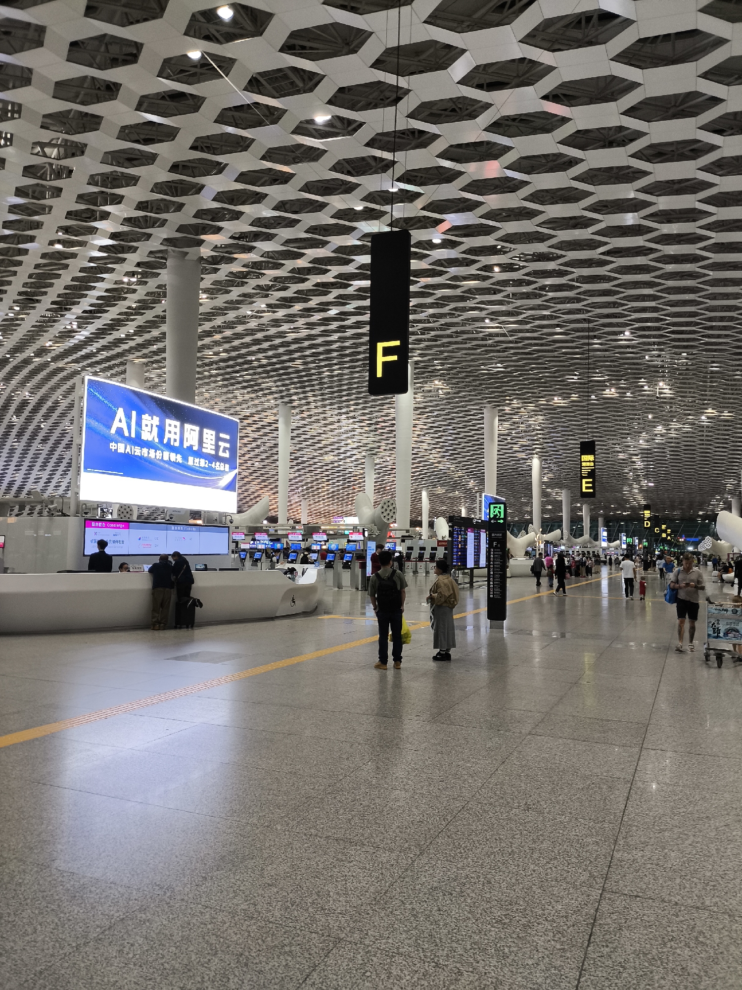 The image captures an indoor scene at what appears to be an airport terminal in Bao'an District, China, based on the signs written in Chinese. The architecture features a high ceiling with a white, hexagonal pattern and recessed lighting. Black signs with yellow letters, "F," "E," "D," "C", are suspended from the ceiling, possibly indicating terminal or gate areas.
Several people are scattered throughout the scene. In the foreground, two people, one wearing a backpack, are standing near a yellow line on the floor. In the middle ground, individuals are walking in different directions. In the left portion of the frame, people are gathered around a long, white service counter with a large digital screen displaying Chinese characters and the English letters "AI."
The floor is a light gray speckled surface, which reflects the overhead lighting.