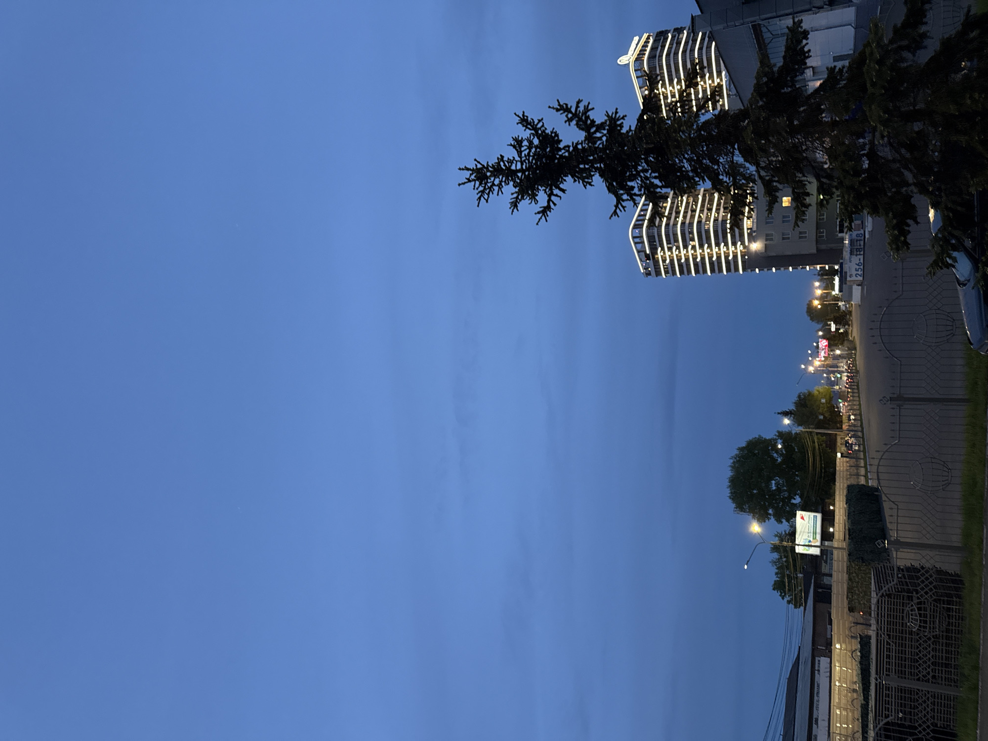 At dusk, the image depicts the city of Krasnoyarsk, Russia, with a focus on the illuminated facades of high-rise buildings decorated with lines of lights. A silhouetted tree branch partially obscures one of the structures. The street-level scene includes a fence, street lights, trees, and a distant view of traffic.