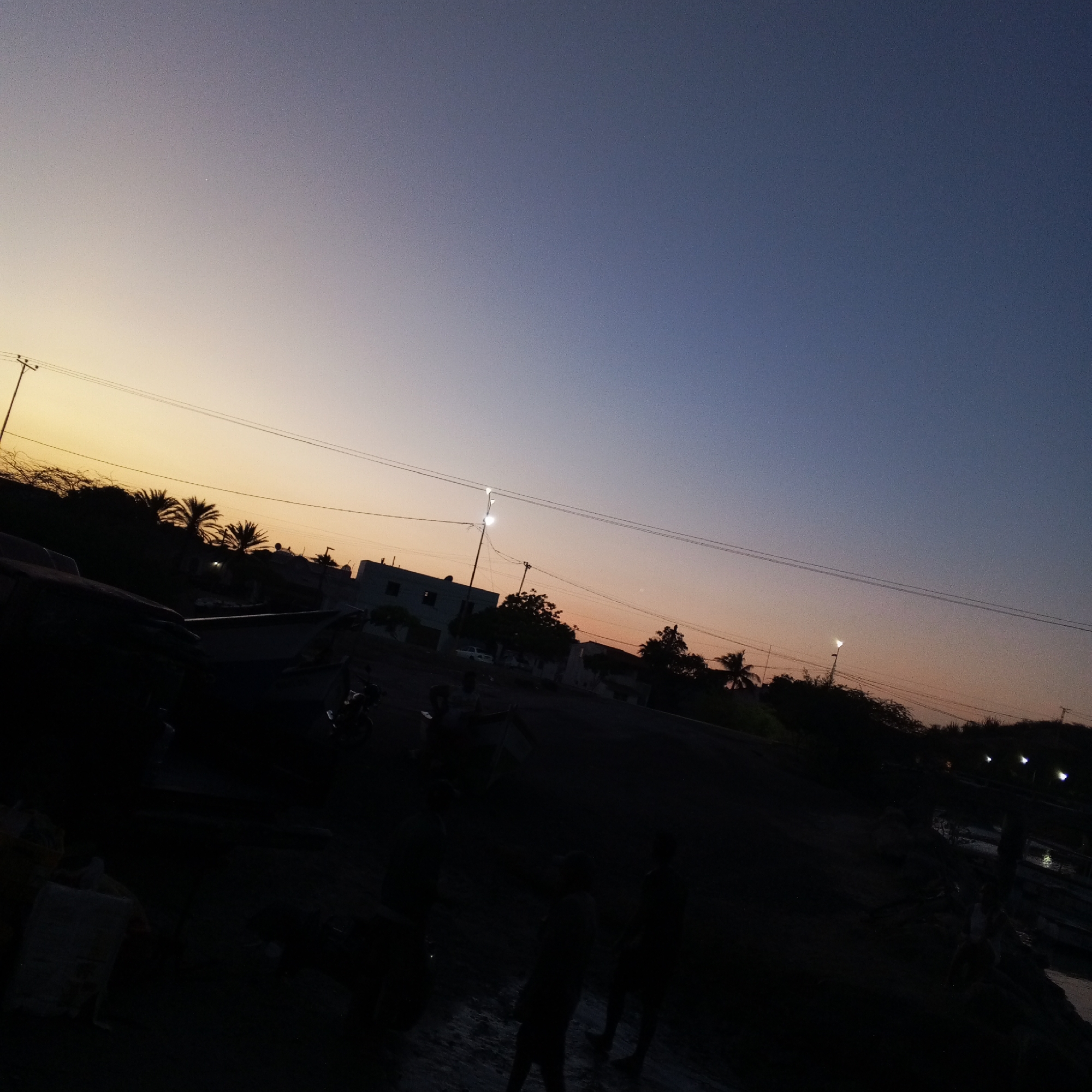 The image depicts a dusky or twilight scene in Pedro González, Venezuela. The sky transitions from a golden orange hue near the horizon to a deep blue above. Overhead power lines stretch across the sky. Below, there are silhouetted palm trees and other vegetation, along with indistinct buildings. In the foreground, the scene is very dark. There are suggestions of figures possibly people, a motorcycle, and other objects, but details are obscured by the darkness. Light from street lamps is visible in the distance. The overall scene lacks clarity due to low light.