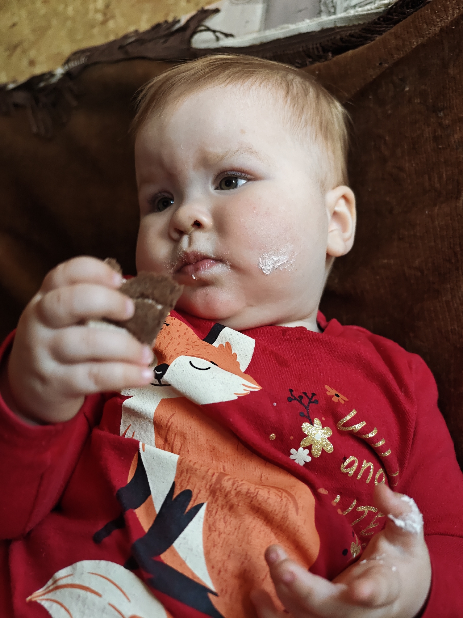 A baby is seated indoors, possibly in Malyi Bukor, Russia. The baby, wearing a red shirt with a fox design and floral accents, is holding and eating a piece of chocolate cake, indicated by food smudges around the mouth and on the cheek. One of the baby's hands also has traces of white food on it. The background is a brown, textured surface, possibly a sofa or blanket. The focus is on the baby's face and the cake, capturing the act of eating.
