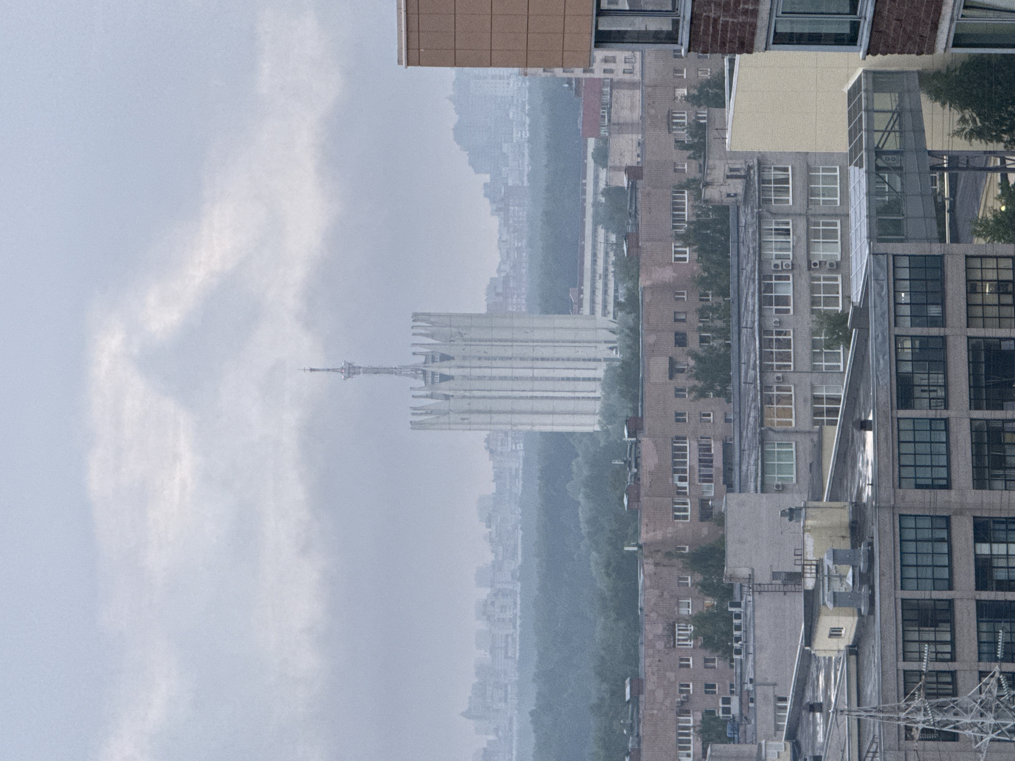 A telephoto, medium-shot captures a dense urban landscape under a hazy, overcast sky. In the mid-ground, a tall, white, monolithic building with a spire stands prominently, its angular facade creating a unique silhouette against the muted backdrop. Surrounding this central structure is a panorama of low-rise and mid-rise buildings, densely packed and varied in architectural style, suggesting a large city. A thick band of dark green trees forms a natural barrier between the foreground and mid-ground structures. In the immediate foreground, the tops of several brick and concrete buildings are visible, their facades detailed with windows and balconies. The overall impression is one of a sprawling, industrial or residential urban environment, with a notable landmark building breaking the monotony of the cityscape. The weather appears damp or foggy, contributing to the muted color palette and diffused light. No people are visible in the frame.