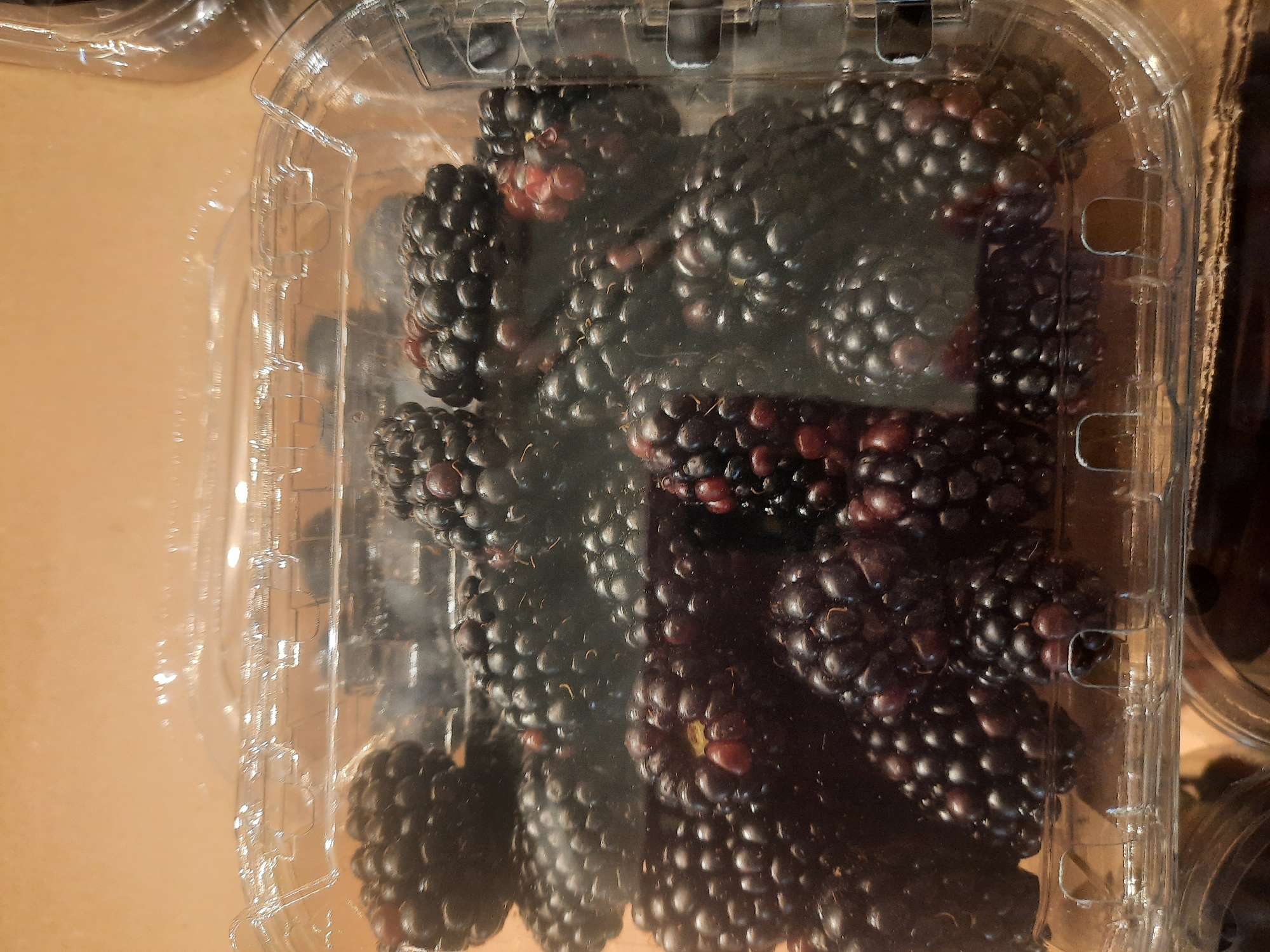 A clear plastic container filled with fresh blackberries is presented against a light brown, textured background, likely a shelf or countertop. The container is partially obscured by the contents, with its transparent walls and ribbed base visible. The blackberries, plump and dark purple, are densely packed, some appearing slightly red, indicating varying ripeness. The lighting casts subtle reflections on the plastic and highlights the glossy surface of the berries. The scene is static and appears to be a product shot, possibly in a retail setting in Rosenheim, Germany, given the context of the prompt. There are no people or actions depicted in the image.