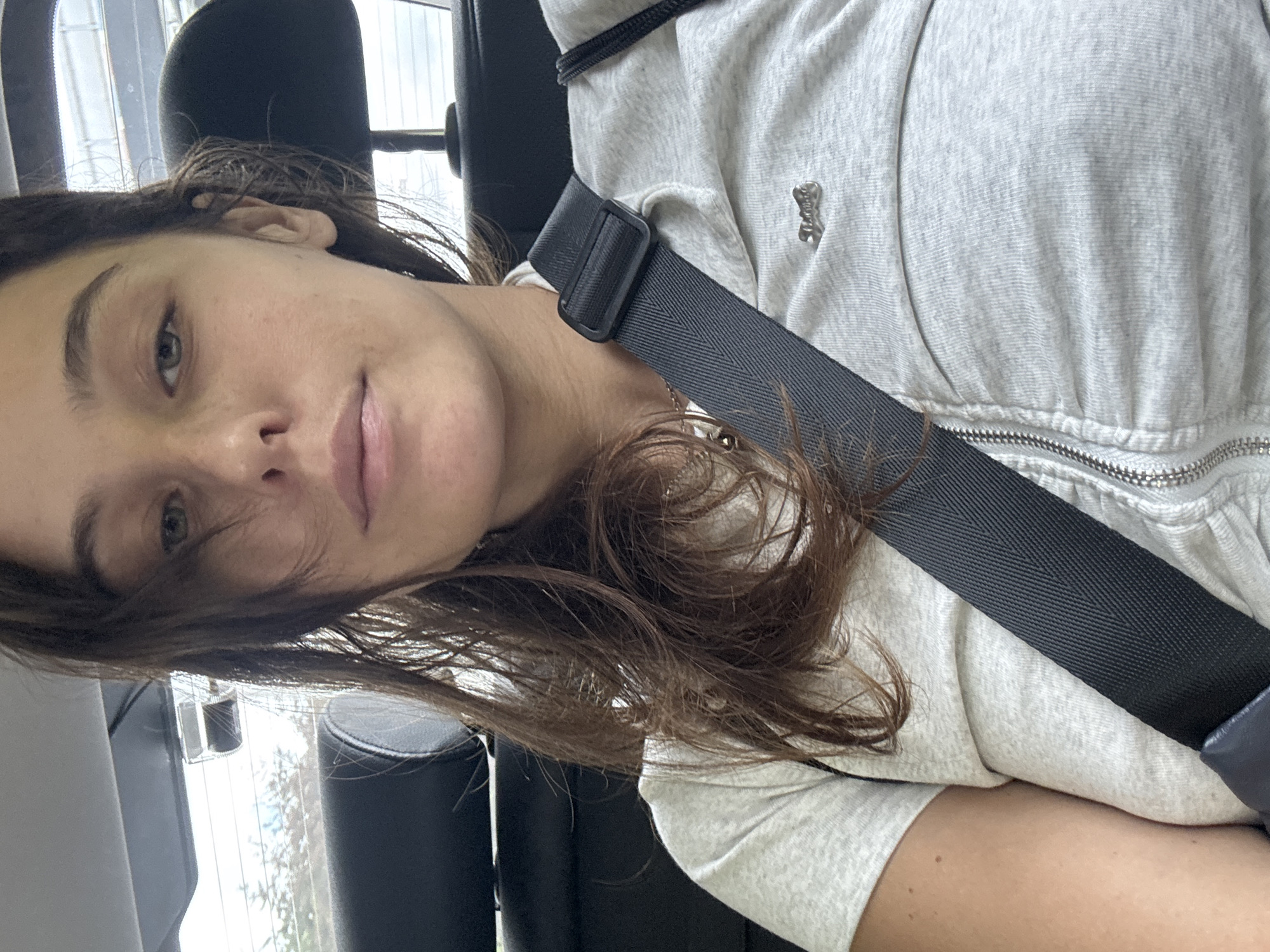 A young woman is shown from the chest up, wearing a light gray zippered hoodie over a light gray t-shirt. A black seatbelt is fastened across her chest. She has long, dark brown hair that is slightly messy and falls around her face and shoulders. Her eyes are open, and she is looking towards the camera with a neutral expression. Her lips are slightly parted. A small, silver charm, possibly a small animal, is attached to the left side of her hoodie. The background appears to be the interior of a vehicle, with the headrest of a dark seat visible behind her. Light streams in from windows on the left side of the image, suggesting it is daytime, possibly overcast. The overall impression is casual and perhaps a moment captured while traveling.