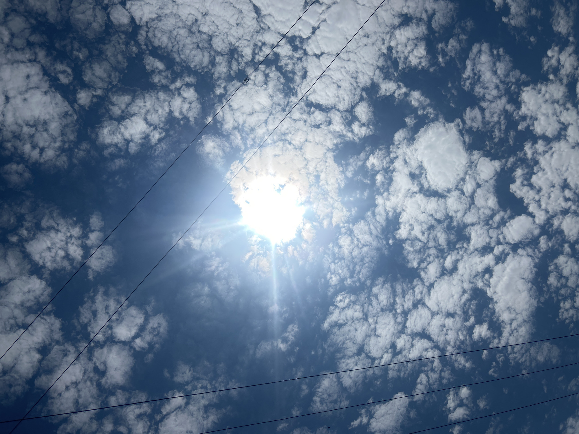 The image captures a bright, sunny sky over Tokmok City, Kyrgyzstan, filled with scattered, puffy white clouds. Power lines are visible, crisscrossing the frame and adding a linear element to the scene. The sun is a prominent feature, casting a bright glare and sunbeams through the clouds. There are no people or specific objects identifiable in the sky. The environment depicted is an outdoor sky scene.