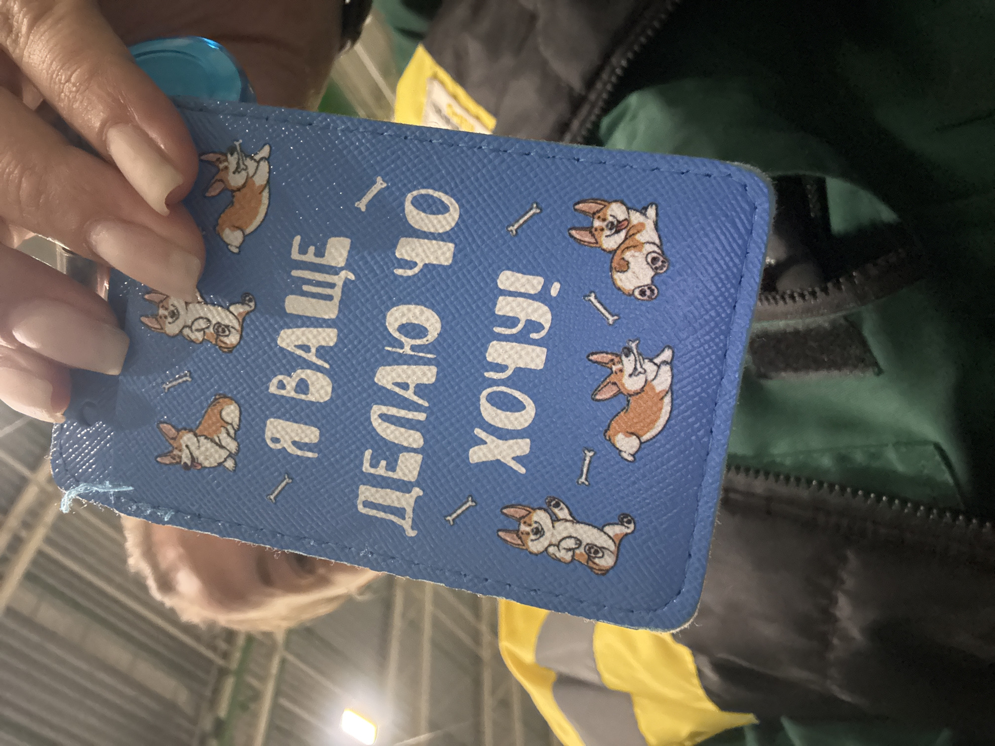 A blue tag with corgi dog illustrations and text in Cyrillic ("Я ваше делаю чо хочу!") is held by a hand with long, painted fingernails. The background includes part of a face with blond hair, a green and yellow garment, and an out-of-focus interior with bright lighting. The exact location in Lupanovo, Russia is not discernible from the image.