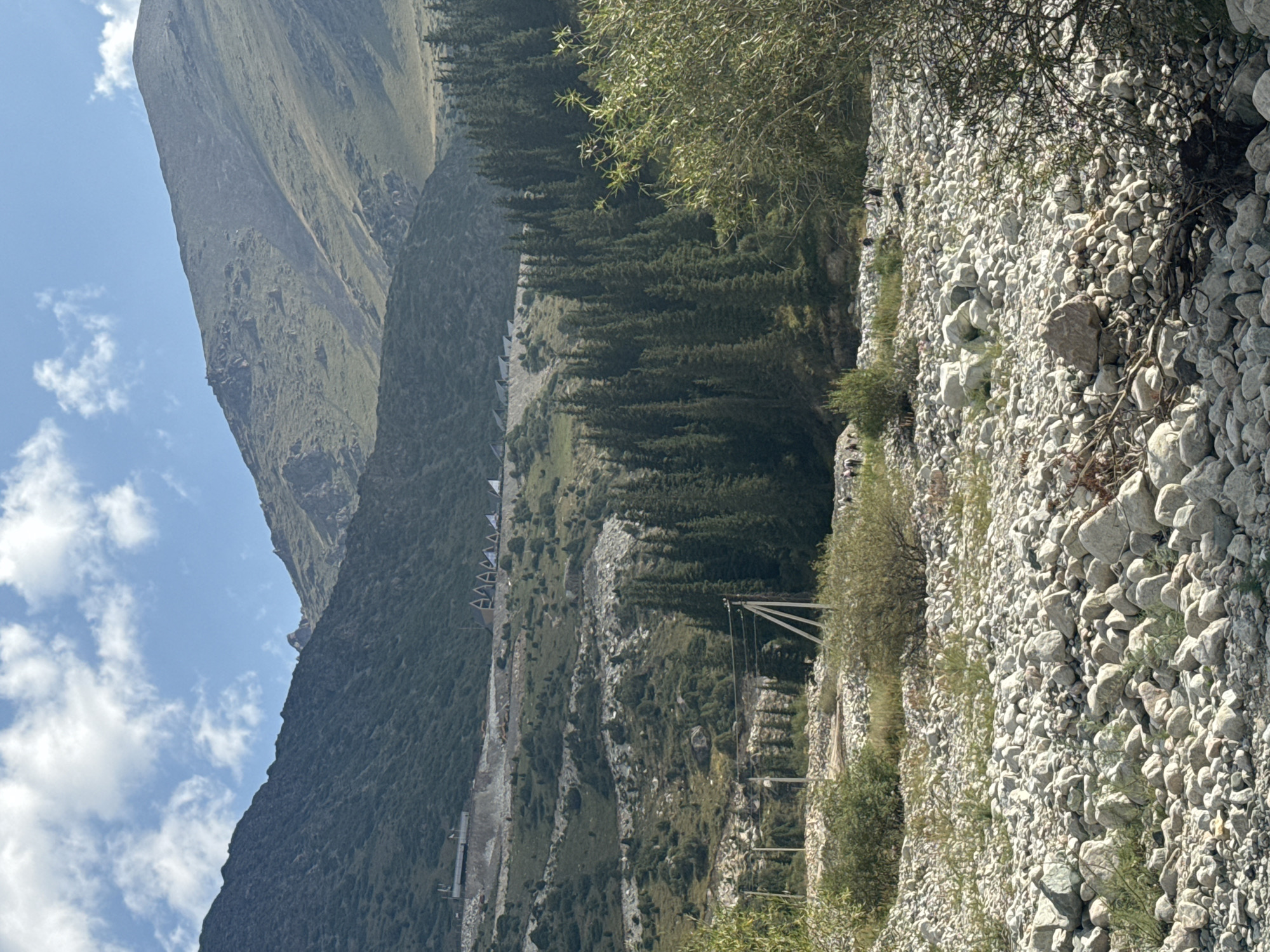 This image depicts a mountainous landscape in the city of Unknown, Kyrgyzstan. The foreground is dominated by a rocky, dry riverbed filled with numerous large and small stones. Scattered vegetation, including bushes and small trees, emerges from the rocks. In the middle ground, a dense forest of tall, coniferous trees stretches across the frame. Beyond the forest, the mountains rise steeply, covered in sparse vegetation and rocky outcrops. Several structures, possibly buildings or cabins, are visible on the terraced slopes of the mountains. A power line with wooden poles and wires traverses the mid-ground. In the distance, the sky is partly cloudy with patches of blue visible. The overall impression is one of a natural, rugged, and somewhat developed mountain environment.