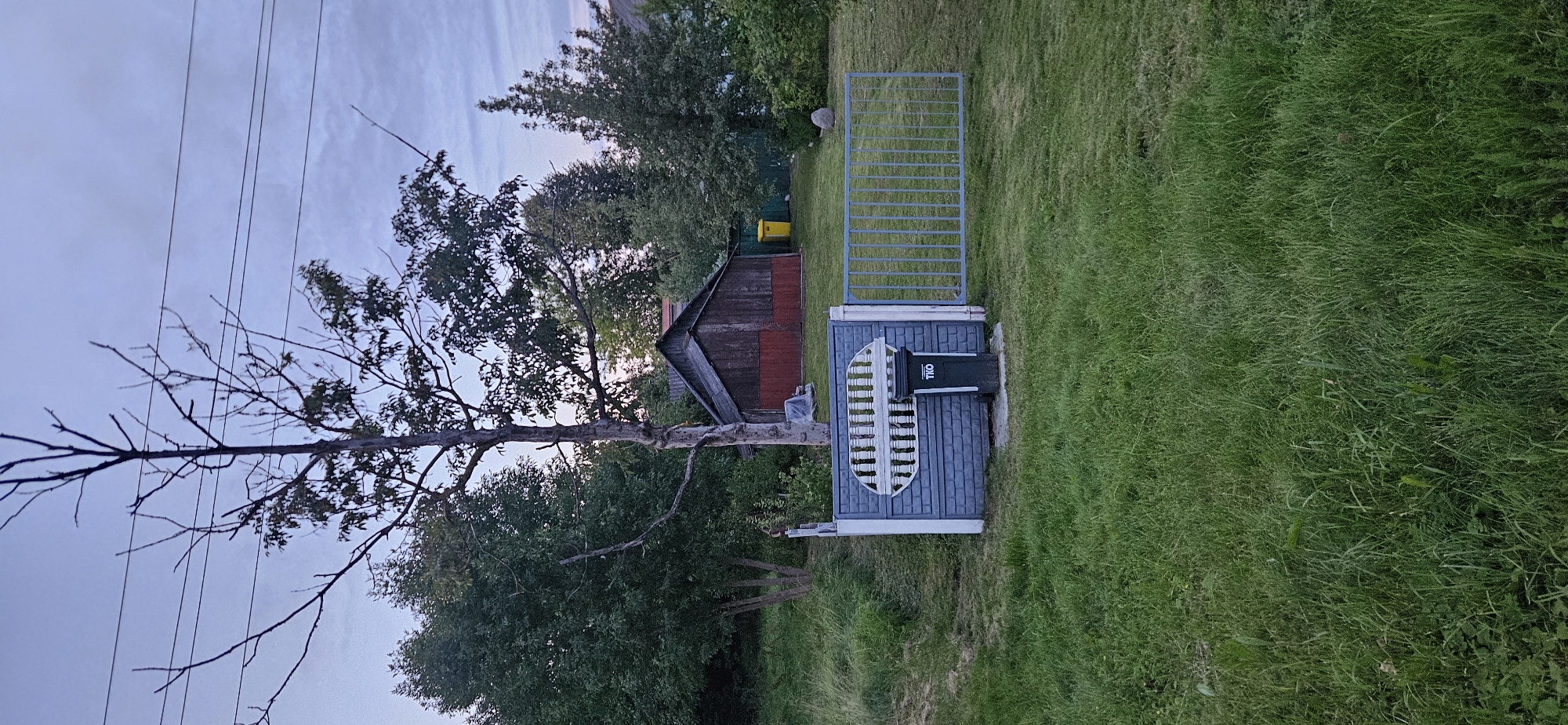 The image shows a grey, decorative fence with an oval opening featuring a white, baluster-like design. A dark green trash bin with the label "TKO" is placed in front of the fence. To the right of the fence is a grey metal gate. In the background, there is a rustic wooden shed with a red base, a yellow trash bin, and various trees and vegetation. A tall, bare tree stands prominently in the foreground. The scene appears to be set in a rural or suburban area, possibly in Vitsebsk, Belarus, given the context. The sky is overcast with a hint of dusk.