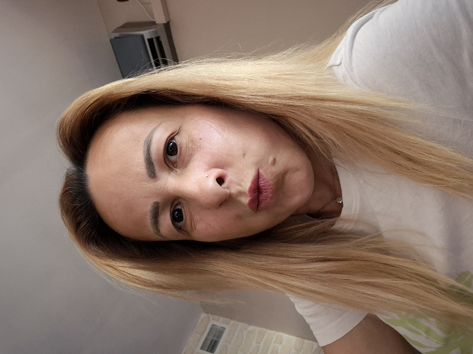 A woman with blonde hair takes a selfie, holding the camera at an angle to capture her face. She is wearing a white t-shirt and a delicate necklace. Her hair is long and blonde, with subtle brown undertones near the roots. She has prominent eyebrows, dark eyes, and is wearing dark lipstick. There's a small mole on her cheek and a nose piercing. The background appears to be an indoor setting, with a wall that has some texture and a light fixture or vent on it. The lighting suggests it could be daytime, possibly indoors with artificial lighting. The overall mood seems casual and personal, as is typical of a selfie.