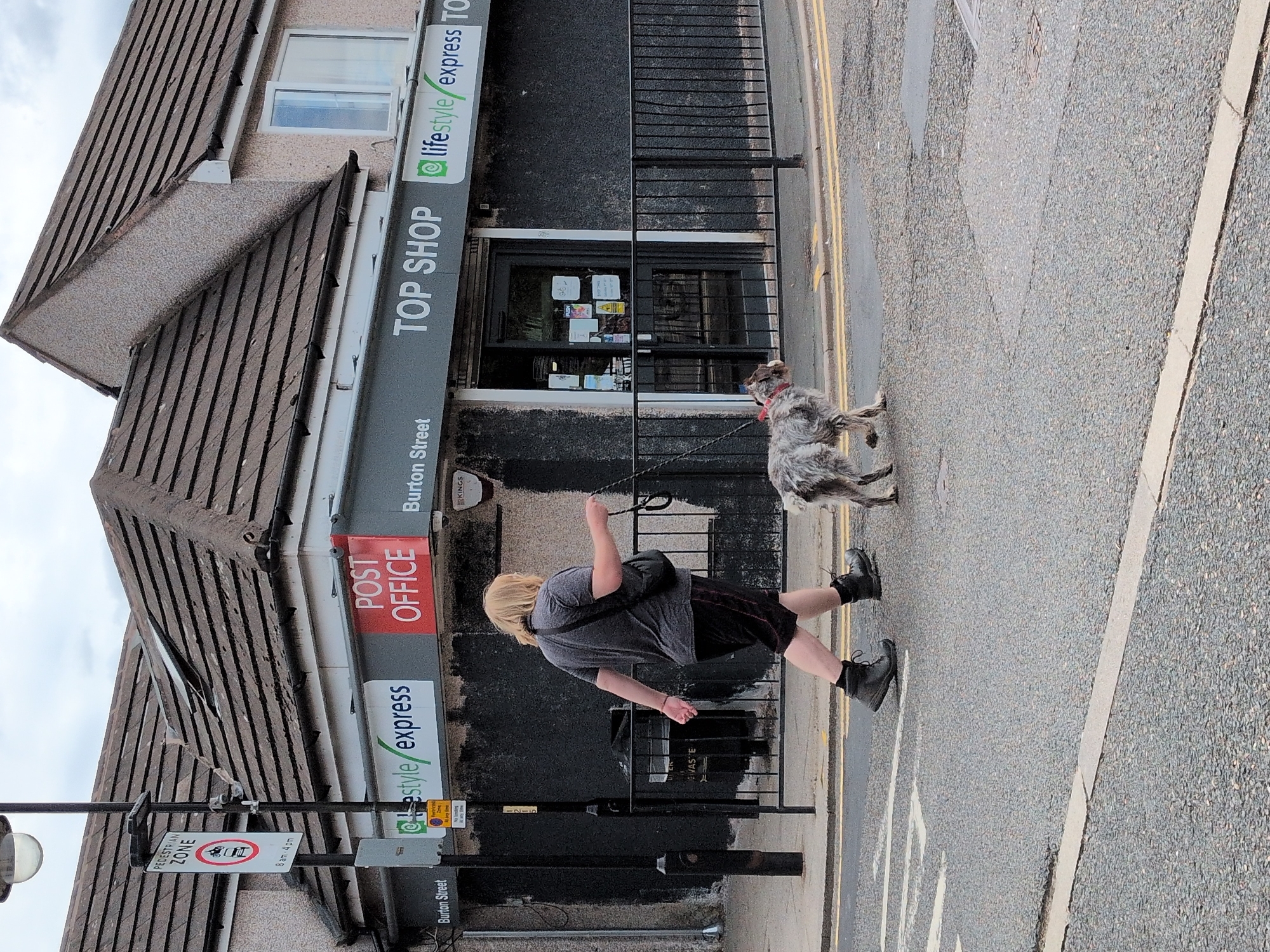 The image depicts a street scene in Telford, United Kingdom, with a person walking a dog across a road. The person, with blonde hair, is wearing a grey t-shirt, black shorts, and black boots, and is holding a black leash attached to the dog. The dog is medium-sized, scruffy, and appears to be a wire-haired breed, with a red collar. They are walking on a paved road with yellow and white markings, likely a pedestrian crossing.
In the background, a building houses a "TOP SHOP" and a "POST OFFICE" with "lifestyle express" branding. The building has a grey facade and a brown tiled roof. A black metal fence runs in front of the building. A street lamp is visible to the left, as well as a "PEDESTRIAN ZONE" sign indicating "8 am - 4 pm". There is also a black rubbish bin to the left of the pedestrian. The sky is overcast.