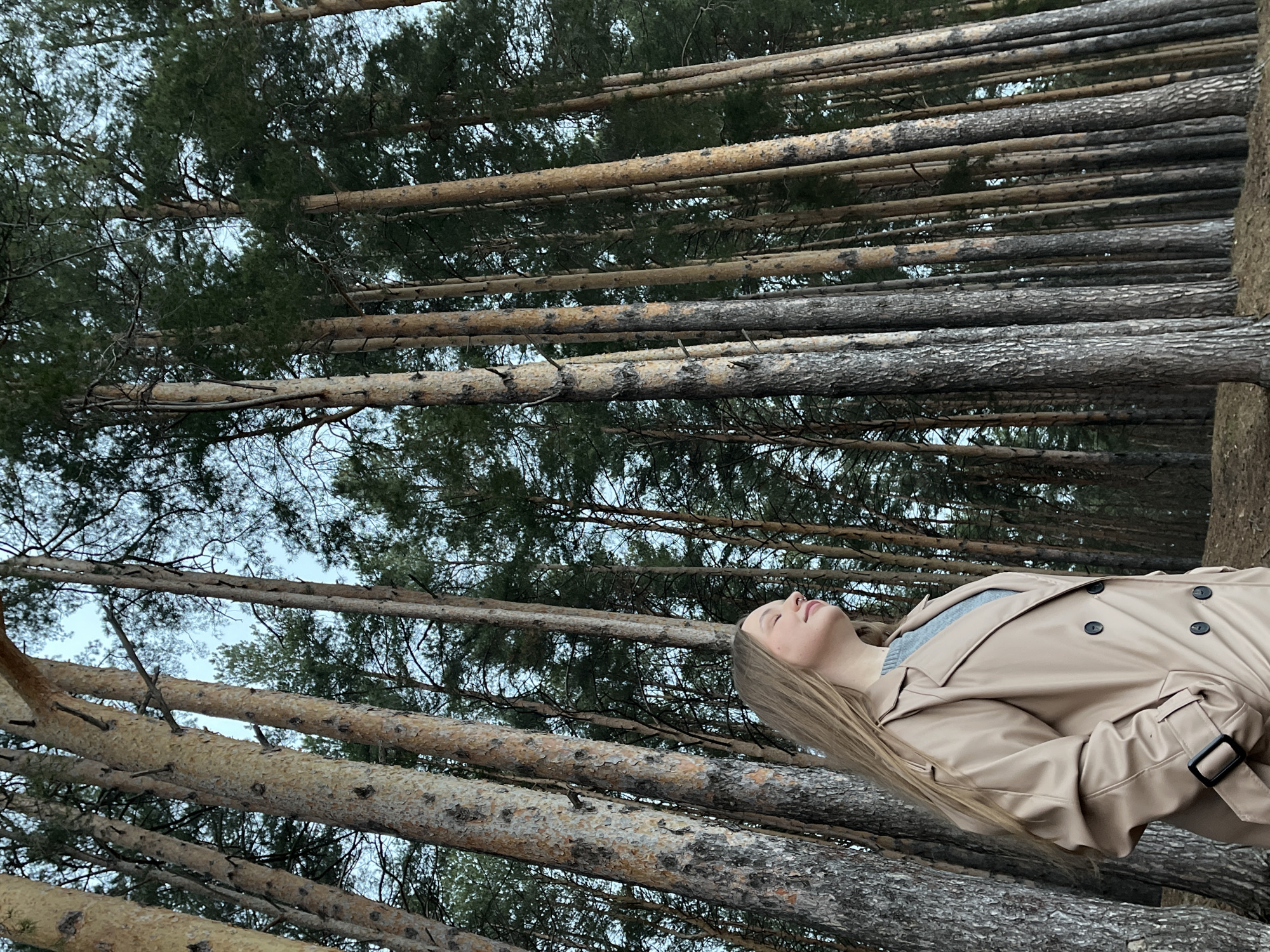 A woman in a light brown trench coat lies on a pile of logs in a forest, gazing upwards at the treetops and sky. The location appears to be a wooded area in the city of Unknown, Unknown.