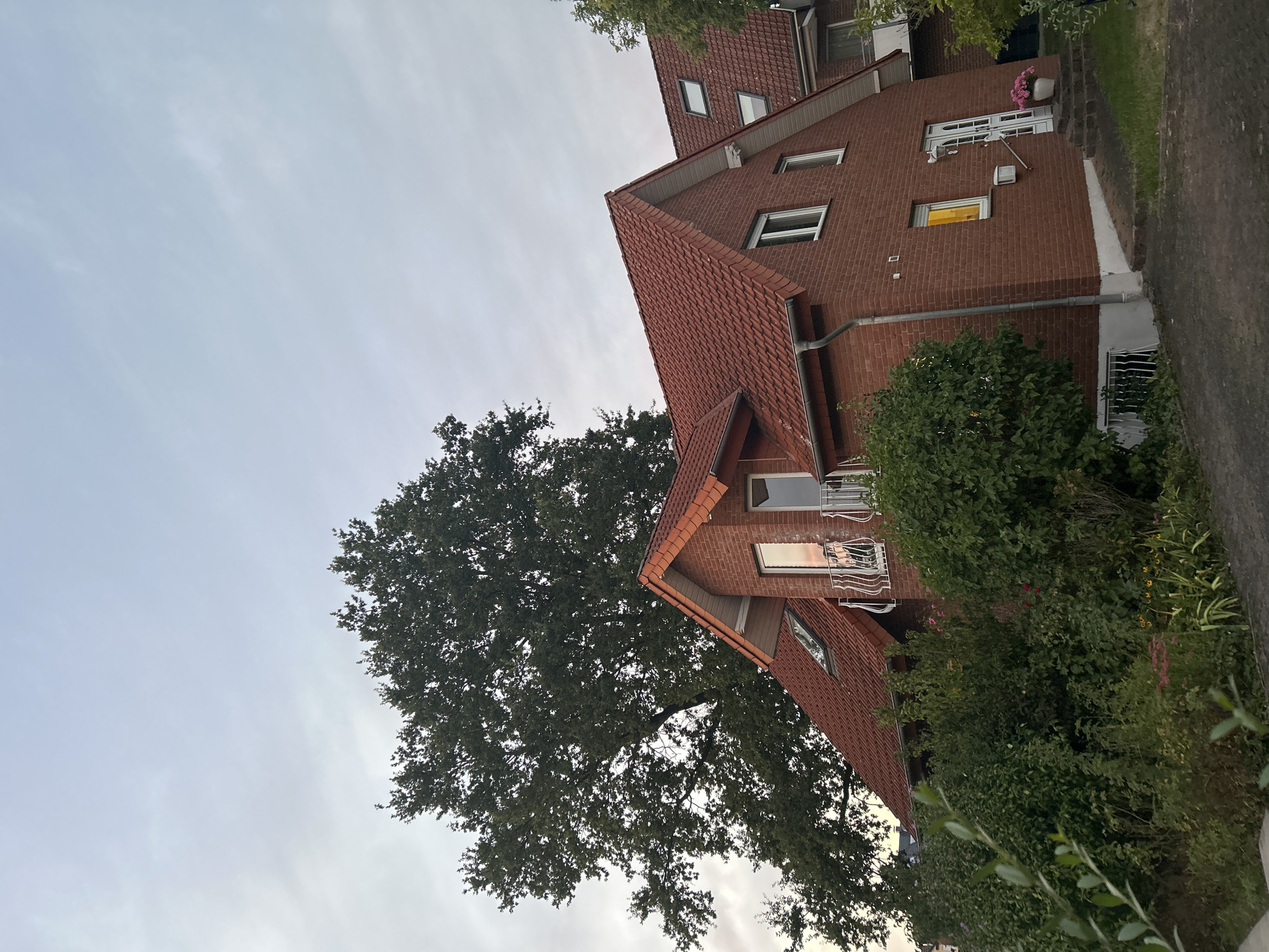 This is a daytime, eye-level, outdoor, medium shot of a brick house with red tile roofing in Detmold, Germany. A large, mature tree with dark green foliage dominates the left side of the frame. The house has several windows, including a dormer window on the left side and a skylight on the roof. A balcony with white railing is visible on the second floor. The front door is white and has two glass panels. There is a potted plant with pink flowers to the right of the front door. Lush green bushes and some flowering plants are in front of the house. A driveway leads to the house. The sky is overcast with light gray clouds.