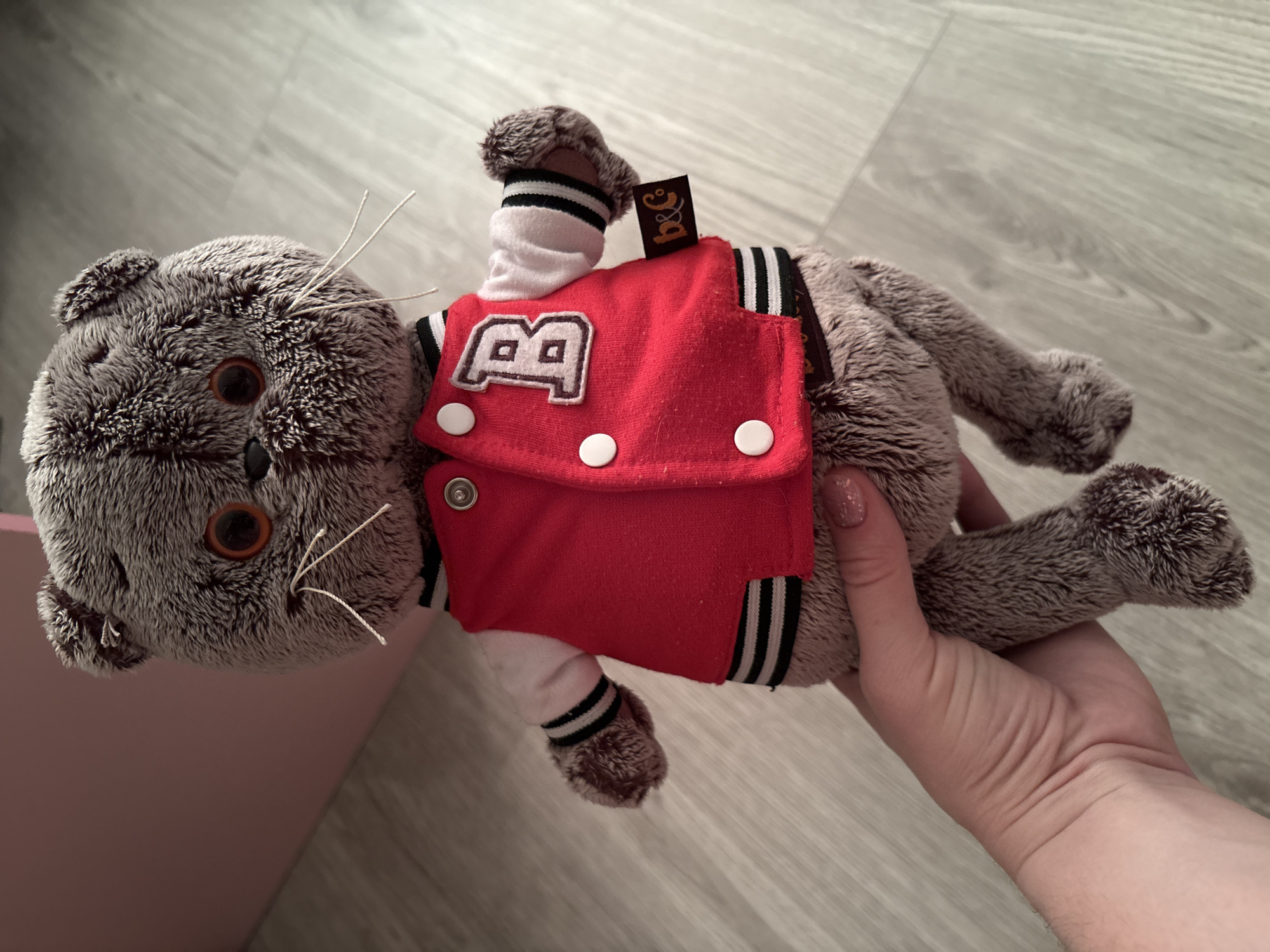 In this medium shot, a grey, plush cat toy is held in a person's hand. The toy is lying on its back, with its head slightly tilted to the left. It is wearing a red jacket with white trim and a white "B" emblem. The background is a light-colored wooden floor. The image appears to be taken indoors during the daytime, with artificial lighting. The person's hand is visible at the bottom of the frame, gently supporting the toy. There is a pink object partially visible in the lower left corner. A small, dark brown tag with the letters "B&C" in gold is attached to the toy's neck.