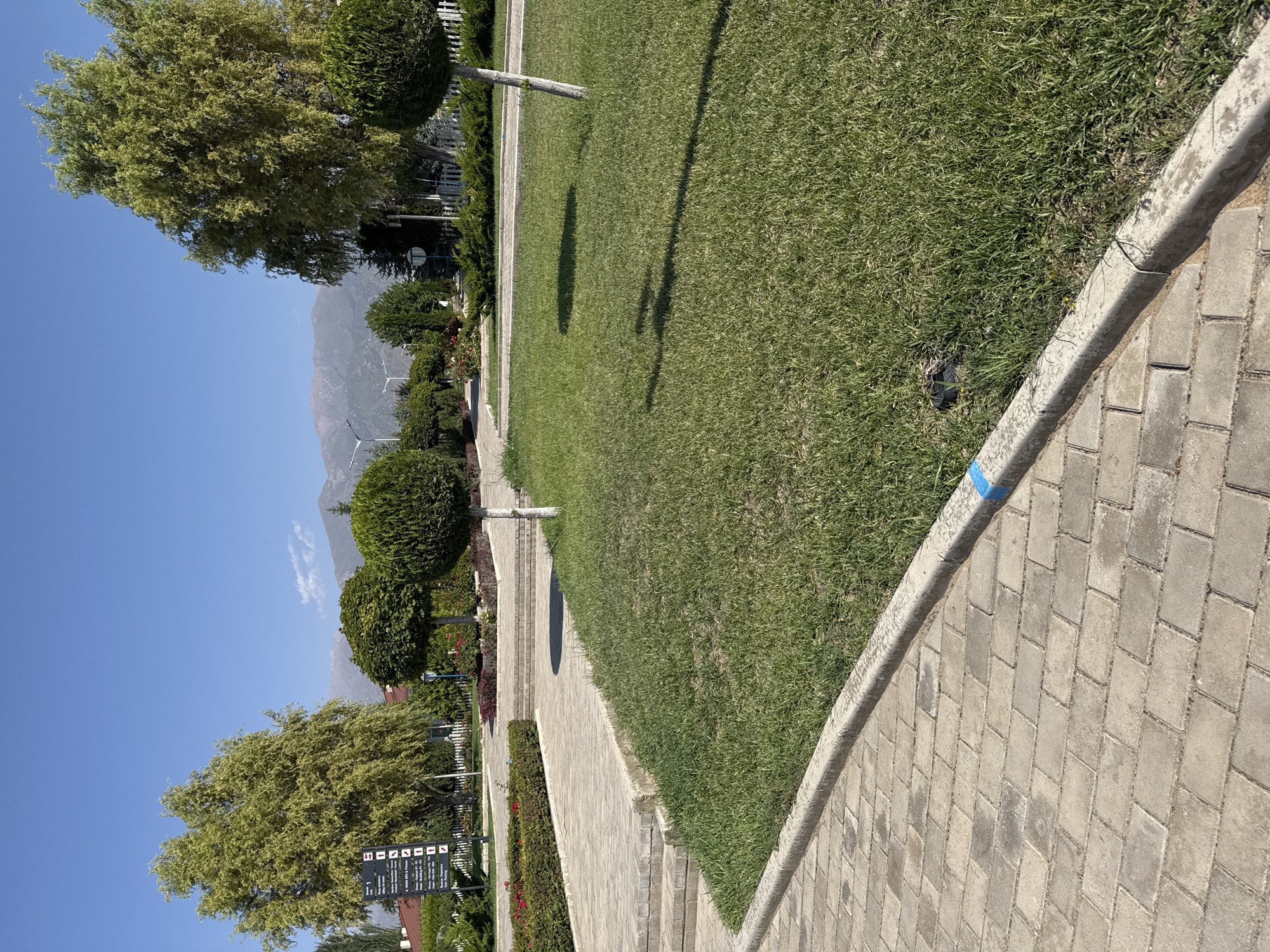 The image depicts a well-maintained park-like area in Sary-Oy, Kyrgyzstan, under a clear blue sky. In the foreground, a paved walkway made of light-colored rectangular bricks runs along the lower left and curves towards the bottom edge. Adjacent to the walkway is a neatly mowed green lawn. A concrete curb separates the lawn from the walkway, and a thin blue line is visible painted on the curb.
Further into the scene, there are several trees, including two prominently featured topiary trees with spherical canopies. A large deciduous tree with light green foliage stands to the left, and another similar tree is visible to the right. Beyond the manicured lawn and trees, a paved path with steps leads up to a landscaped area with red flowers and bushes. In the background, a white picket fence encloses more greenery and buildings, suggesting a residential or resort area. In the far distance, a range of mountains can be seen under the bright sky. A directional signpost with multiple pointers is situated near the large tree on the left, providing information in an unreadable script. The overall impression is one of a serene and orderly outdoor public space.