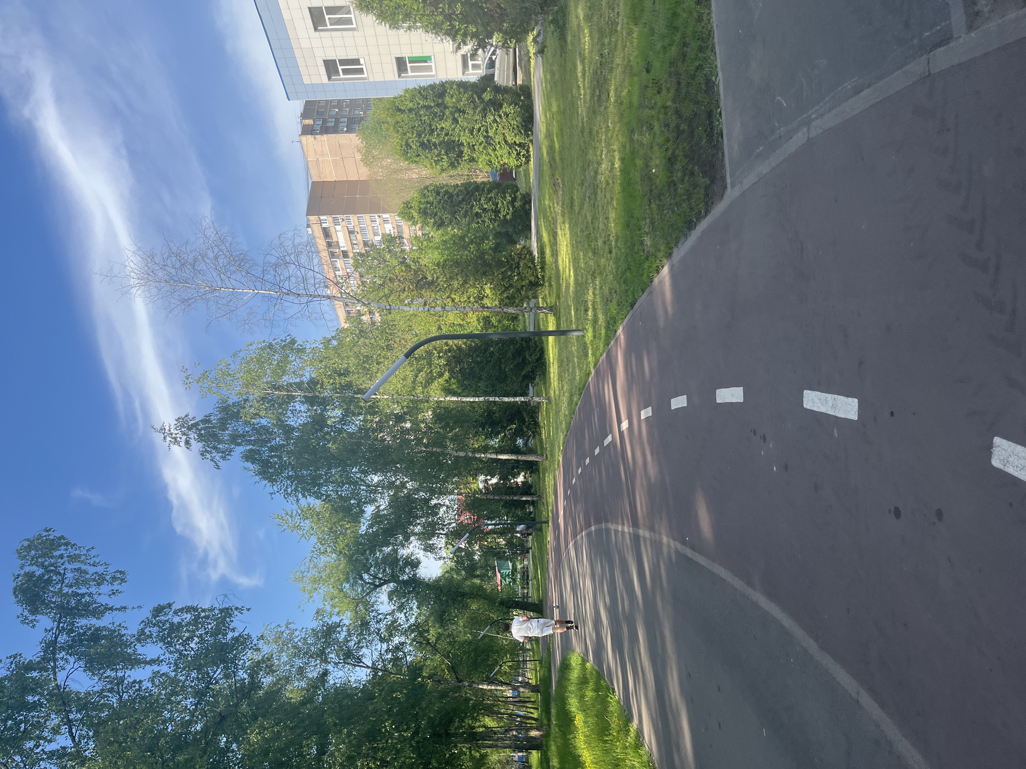 This image depicts an outdoor urban park or recreational area under a bright blue sky with sparse, wispy white clouds, suggesting clear daylight conditions. A wide, reddish-brown asphalt or rubberized path, marked with dashed white lines down its center, curves to the right and recedes into the background. To the left of this main path, a narrower, darker grey asphalt path is delineated by a continuous white line. One individual, wearing a white short-sleeved t-shirt and white shorts, is seen walking or jogging away from the viewer on the reddish-brown path, positioned slightly to the left of the dashed line. A small, dark-colored bird is present on the path near the individual's feet.
The environment features abundant green vegetation, including numerous mature deciduous trees with full foliage, primarily lining the paths on the left side, with some exhibiting pale bark. On the right side, several tall, conical evergreen trees (appearing to be Thuja or similar) stand between the path and structures in the background. The ground is covered in green grass, with patches of yellow flora visible in the foreground on the left. Shadows from overhead trees extend across the paths and grass.
Several tall, dark-colored poles, equipped with light-colored fixtures, are strategically placed along the path, with one arching prominently over the reddish-brown track in the mid-ground. In the background on the right, two multi-story buildings are visible. The larger building is light brown or tan, featuring numerous windows and balconies, indicative of a residential structure. Adjacent to it on the right is a lighter-colored (white or light grey) building with blue trim and large rectangular windows, possibly a public or commercial facility. A light-colored vehicle is partially obscured behind the evergreen trees. A small building with a red roof is partially visible through the trees further down the path on the left. The scene captures a maintained public space within a populated urban setting in the city of Unknown, Unknown.