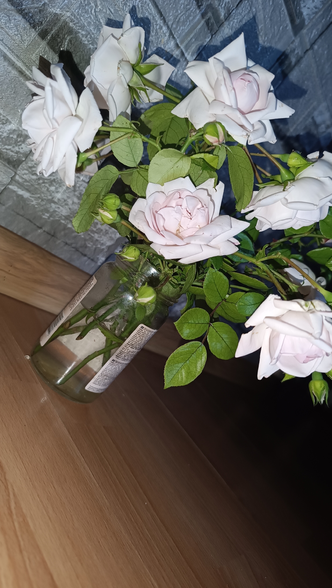 A bouquet of pale pink roses with green leaves is arranged in a clear glass jar on a wooden surface. The jar, which appears to be a repurposed bottle, is partially filled with water and several rose stems. The roses are in various stages of bloom, with some fully opened and others still as buds. The background consists of a textured gray wall. The overall scene is indoors, likely in a domestic setting, and does not provide any specific indicators of its location within the city of Karsha, Russia. There are no people or animals present in the image. The lighting suggests it may be artificial light, as there are distinct shadows cast by the roses and the jar.