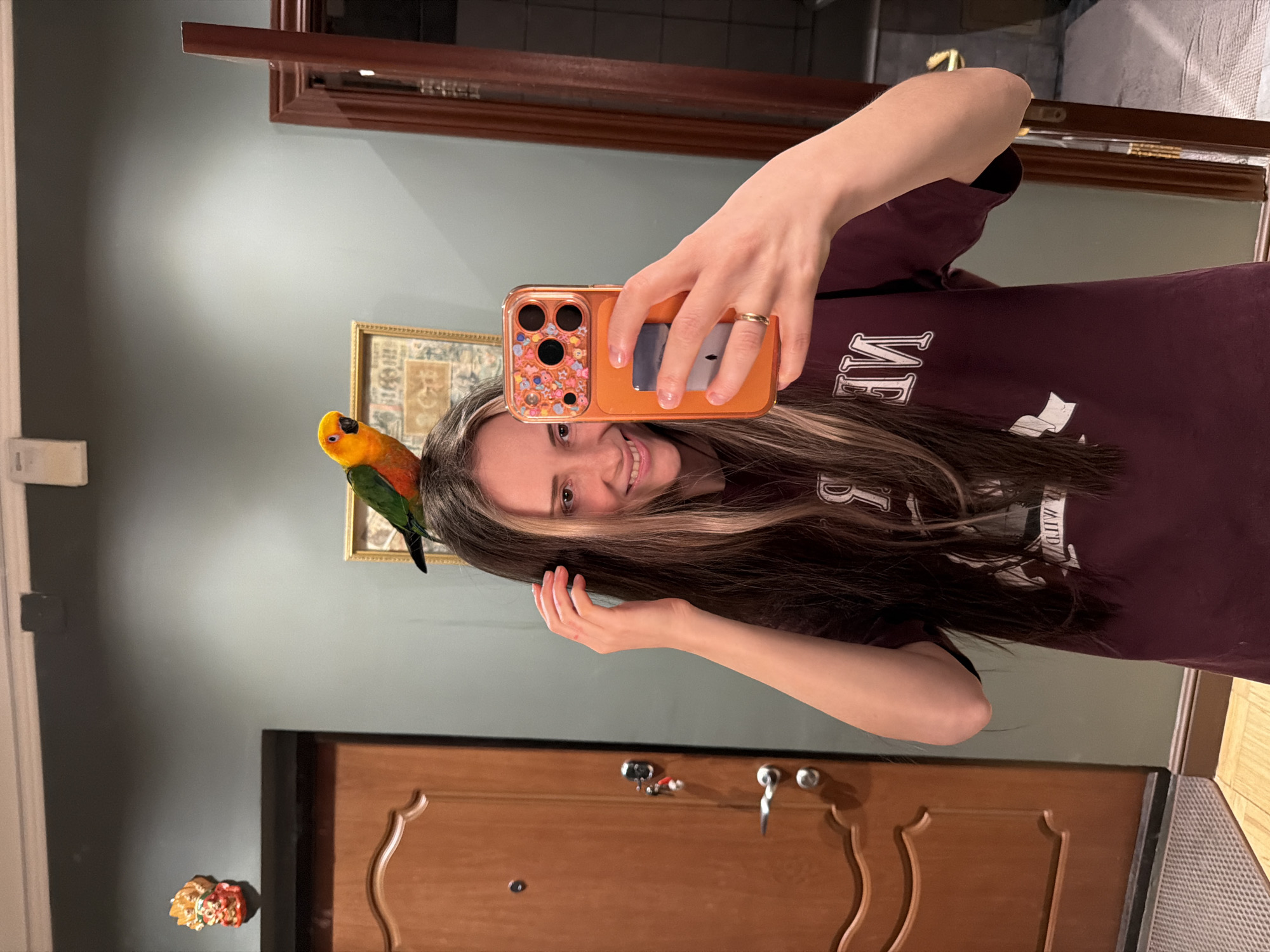 A person is taking a selfie in a mirror. They are holding an orange iPhone with a colorful case and wearing a dark maroon shirt with white lettering. The person has long brown hair with blonde highlights. A colorful parrot with yellow, orange, and green feathers is perched on their head, near a framed picture hanging on the wall. The background includes a greyish-green wall, a brown wooden door, and part of the mirror's wooden frame. Based on the image, it is not possible to confirm its location in Khimki, Russia.