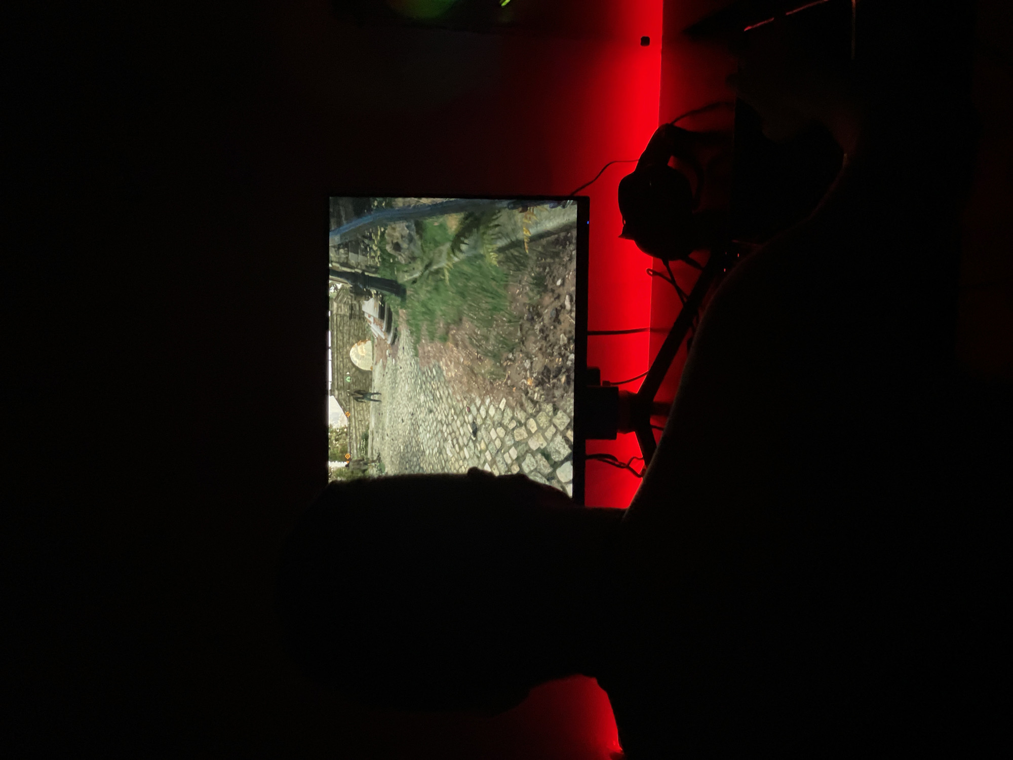 A person in silhouette is watching a video game on a monitor. The game appears to depict a cobblestone street or path with vegetation and possibly other characters. The scene is dimly lit, with red light illuminating the wall behind the monitor and the subject. Headphones are visible beside the monitor. There is no information in the image confirming that the location is in the city of Chaikovsky, Russia.