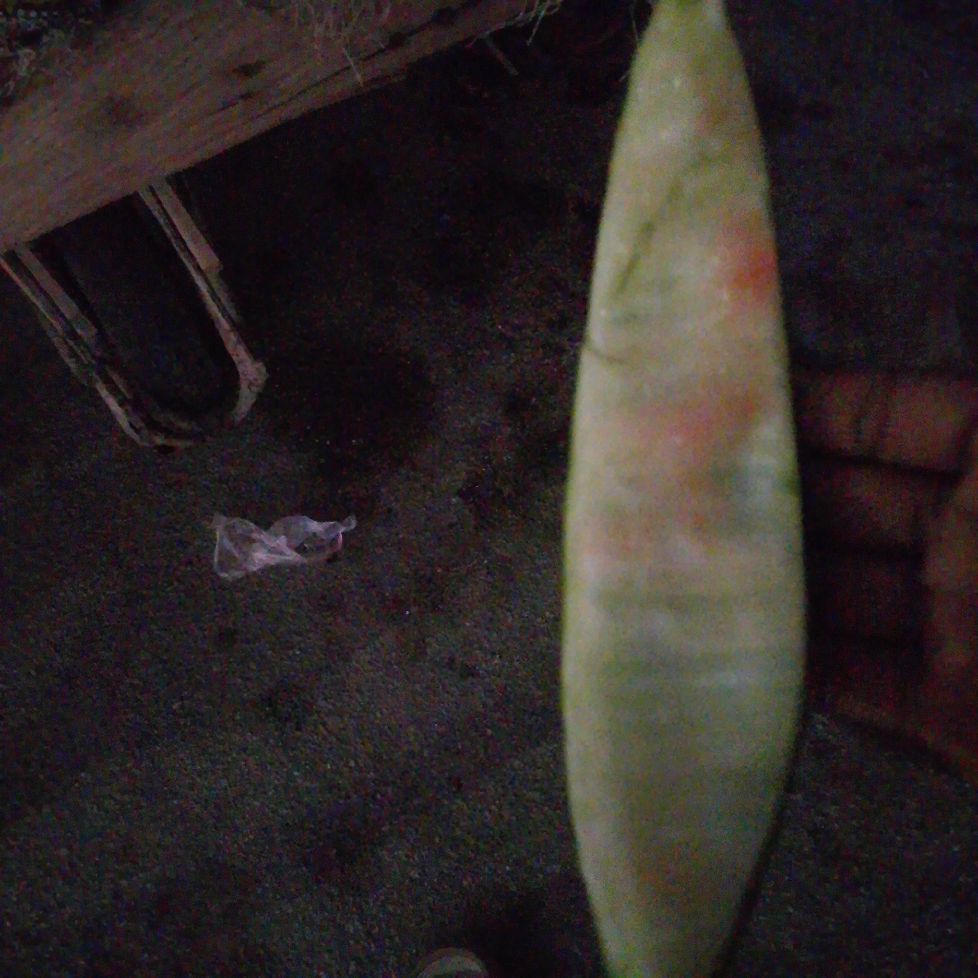 The image captures a ground-level perspective of an outdoor area, likely a street or pathway, in Wuro Allahamdu, Nigeria. The terrain appears to be dark gravel or asphalt. A prominent feature is a long, pale green, elongated object, possibly a plant stalk or a discarded item, positioned vertically on the right side of the frame. It exhibits some reddish-orange discoloration. To the left, near the center, a crumpled piece of translucent plastic packaging lies on the ground. In the upper left quadrant, a section of weathered wooden structure with visible grain and horizontal planks is present, partially obscuring the background. The lighting is dim, suggesting it might be evening or nighttime. The overall scene suggests a somewhat neglected or natural outdoor environment.