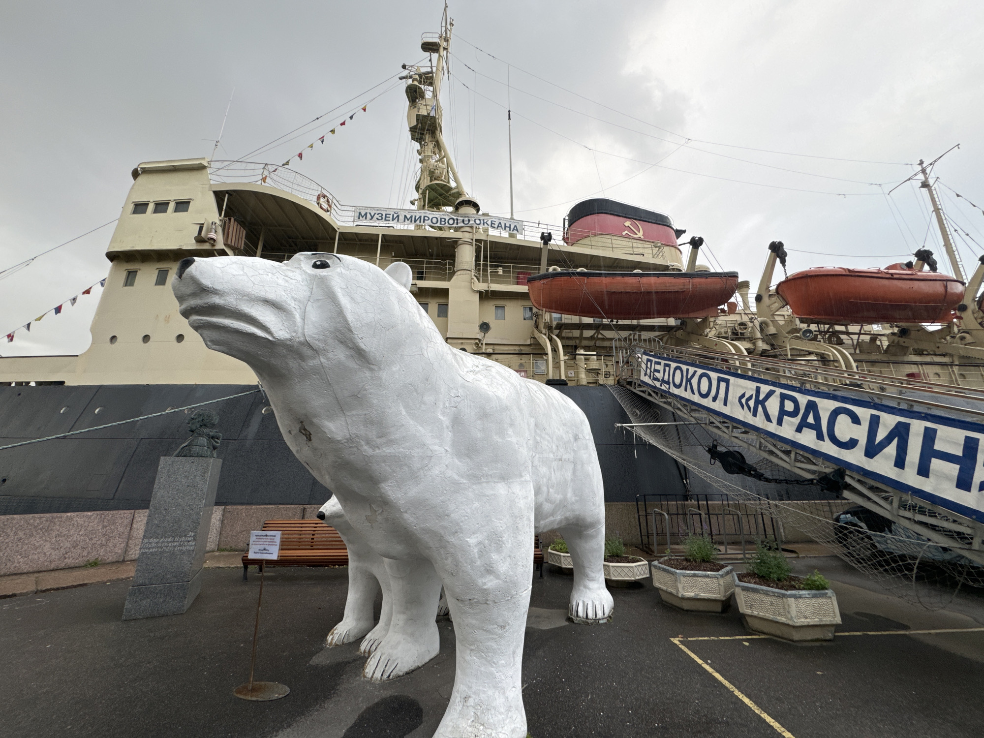 A statue of a white polar bear stands in the foreground, facing left, with its mouth open in a roar. The statue is weathered and shows signs of wear. Behind the bear, a large, tan ship is docked. The ship has several decks and a tall mast. There are lifeboats on the side of the ship. A banner on the ship reads "МУЗЕЙ МИРОВОГО ОКЕАНА" (Museum of the World Ocean). A ramp leads up to the ship, with the word "ЛЕДОКОЛ" (icebreaker) visible on it. In the background, the sky is overcast. The location appears to be a museum or historical site related to maritime history. The image was taken in Saint Petersburg, Russia.