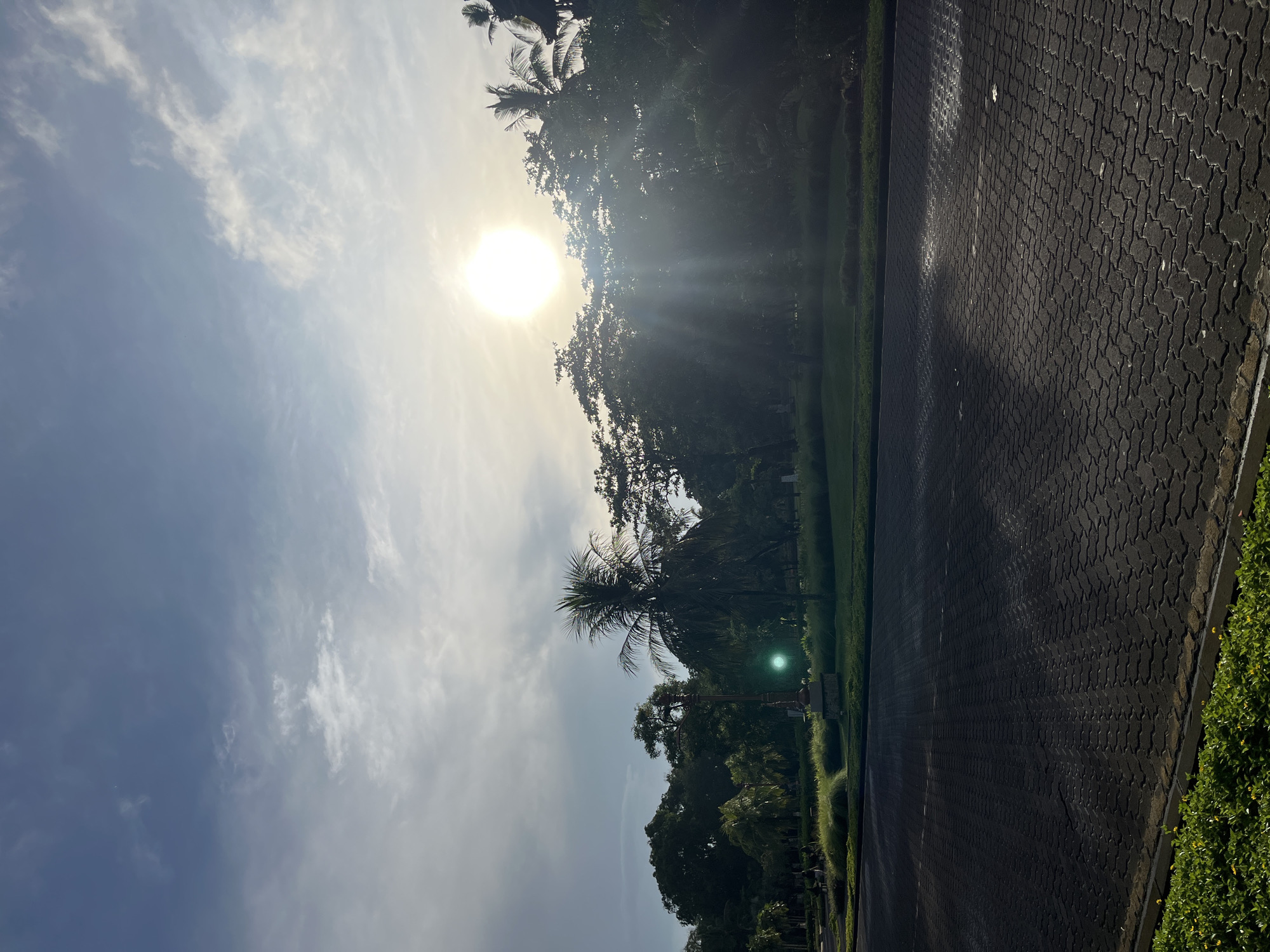 The image captures a vibrant outdoor scene, likely during early morning or late afternoon due to the strong backlighting from the sun. The perspective is horizontal, revealing a bright sky, lush tropical vegetation, and a paved path.
In the upper left quadrant, a brilliant, intense sun is prominently featured, emitting powerful rays and noticeable lens flares that extend across the sky and through the tree canopy. The sky itself transitions from a bright, almost white hue near the sun to a pale blue, adorned with scattered, wispy white clouds across the top and right side of the frame.
Beneath the sky, a dense line of tropical trees and foliage stretches across the mid-ground. These trees, including several identifiable palm trees, are largely silhouetted against the bright sun, appearing dark green to black. Despite the backlighting, sunbeams penetrate the leaves in places, creating luminous shafts of light.
The lower portion of the image is dominated by a wide, dark grey paved path or road constructed from interlocking pavers, exhibiting a distinct pattern. Sections of the pavement appear reflective, suggesting it might be damp or wet. Bordering this paved area on both sides are narrow strips of vibrant green grass and trimmed hedges, adding to the cultivated appearance of the setting.
The scene is devoid of people or specific activities, focusing instead on the natural beauty and the dramatic interplay of light and shadow. The tropical vegetation and the intense sunlight are consistent with the provided location context of Kuta Selatan, Indonesia. No visible text is present in the image.