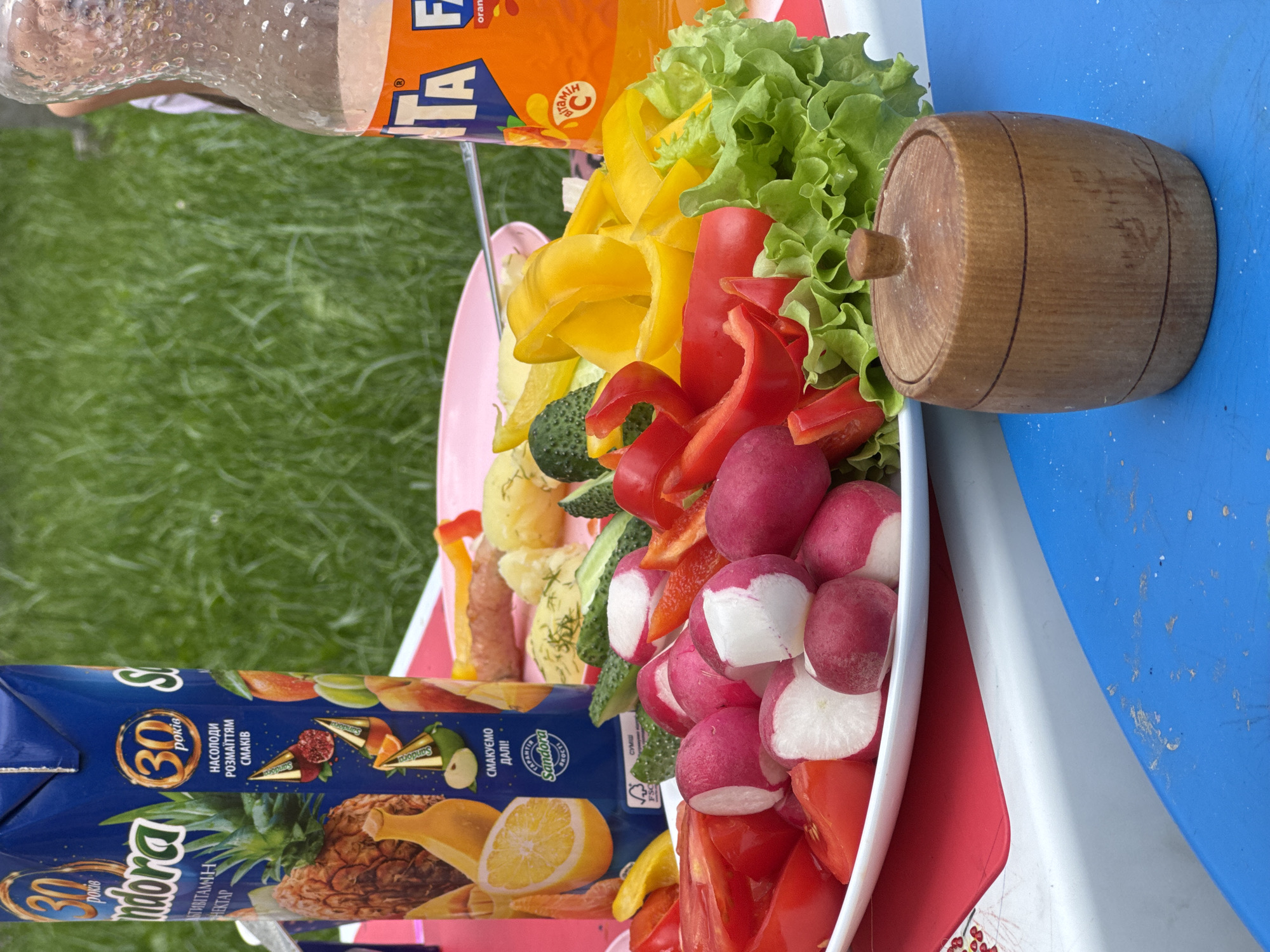 The image depicts an outdoor picnic scene. In the foreground, a white platter holds an assortment of fresh vegetables, including sliced tomatoes, radishes, cucumbers, and bell peppers in red and yellow. A head of lettuce is arranged to the right of the vegetables. A small wooden barrel with a lid sits in front of the platter. Behind the platter, a blue juice carton with orange and yellow fruit graphics is visible. To the right of the juice carton, a clear plastic bottle with an orange label, partially obscured by condensation, is present. The background consists of lush green grass, suggesting an outdoor setting such as a park or backyard. The overall scene captures a casual, al fresco meal with a focus on fresh produce and beverages.