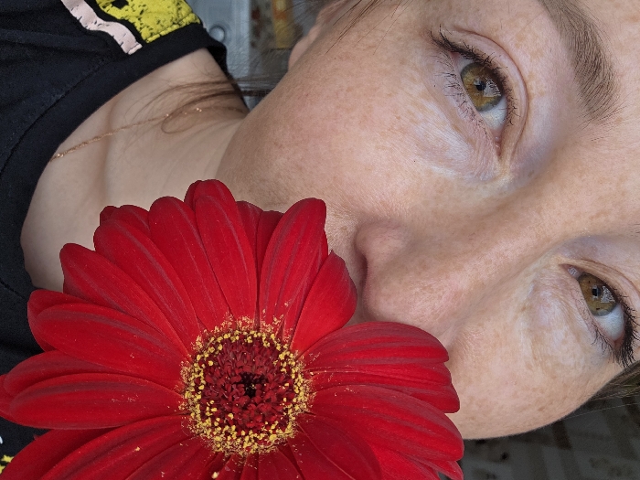 The image displays a close-up portrait of an individual, presenting the upper portion of their face and shoulders. The subject, appearing female, exhibits fair skin with prominent freckles distributed across the nose, cheeks, and forehead. Their hazel-colored eyes are directed slightly upwards and towards the viewer's left. Dark hair is partially visible near the neckline. The individual is attired in a black garment, likely a t-shirt, featuring a yellow and black graphic pattern visible on the left shoulder area, and wears a thin gold-toned chain necklace. A large, vibrant red Gerbera daisy, characterized by multiple petals and a distinct central disc with yellow pollen grains surrounding a dark red core, is positioned to obscure the lower half of the subject's face, specifically from the nose downwards. The background is an indistinct, out-of-focus indoor setting, predominantly light-colored. No specific visual cues are present to determine a precise location within the city of Chaikovsky, Russia.