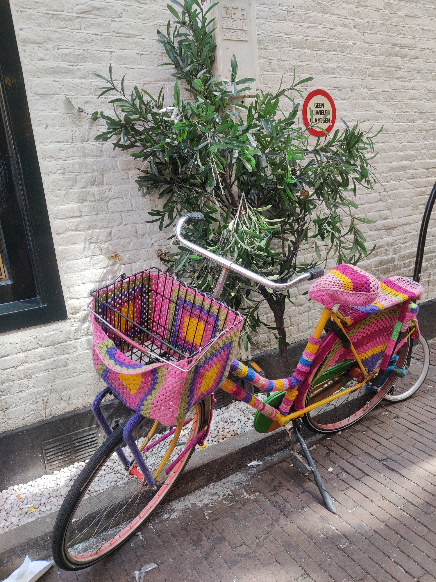 A bicycle parked on a brick sidewalk in Amsterdam, Netherlands, is covered in colorful knitted creations. The bicycle is leaning against a white brick wall, partially obscured by a potted plant with green leaves. A red and white circular sign, reading "GEEN IJSWIELEN PLAATSEN" (meaning "Do not place ice wheels"), is affixed to the wall above the plant. The bicycle's basket is filled with a knitted cover featuring a patchwork of pink, yellow, purple, and green squares. The seat and the frame of the bicycle are also adorned with similar knitted coverings in vibrant colors. The front wheel of the bicycle is partially visible, with a pink rim. The background shows a narrow alleyway with a dark green door on the left. The ground is paved with bricks, and there are small white stones near the wall.