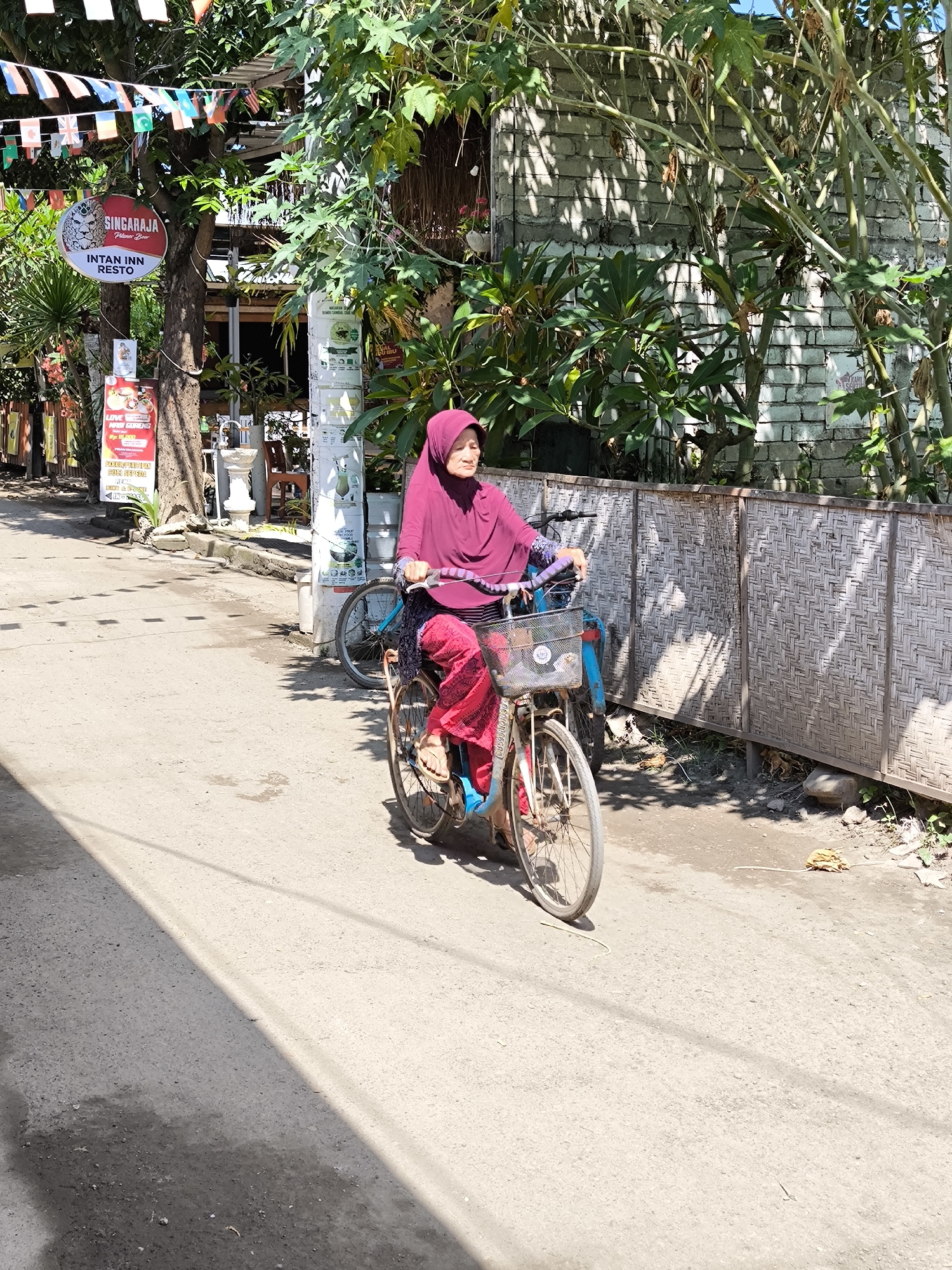 The image captures a woman wearing a maroon hijab and traditional red patterned clothing, riding a bicycle on a street in what appears to be a tropical environment. The bicycle has a front basket and is slightly aged, hinting at regular use. The woman's attire suggests a cultural context, possibly reflecting local Indonesian customs.
In the background, signage indicates "SINGARAJA Pilaner Beer, INTAN INN RESTO," which suggests the location is near a restaurant or inn in Singaraja, a city in Indonesia. The signage also indicates the name of a restaurant, Intan Inn Resto. Flags and decorations are strung above the street. There is an image of signage including the word "LOVE" in front of a tree. A fence made of woven material runs parallel to the street, and there is lush greenery. The street itself is paved, with sections in shadow. The overall atmosphere is sunny and calm.