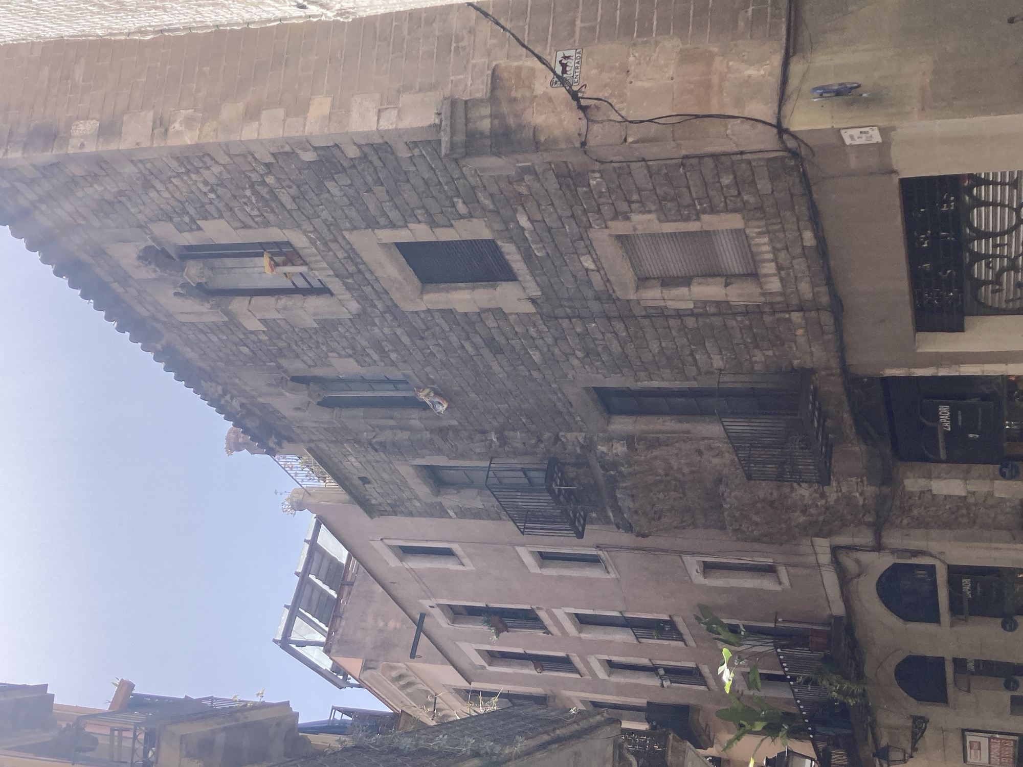 The image shows a narrow street scene in Barcelona, Spain. The foreground features a textured building made of stone and brick, with several windows and balconies. The stone is weathered and shows signs of age. One window has a small, colorful flag visible through the glass. Below the stone building, the lower level appears to be a commercial space with dark storefronts and arched entrances. A sign with text that includes "LA PAORI" is visible on one of the storefronts. Above and to the left, a lighter-colored building is visible, also with windows and balconies, and some greenery on one of the balconies. A glimpse of the sky is visible at the top of the image. Electrical wires are strung across the side of the stone building, and a small sign with horses and the word "ENTRADA" is attached to the wall. The lighting suggests it is daytime.