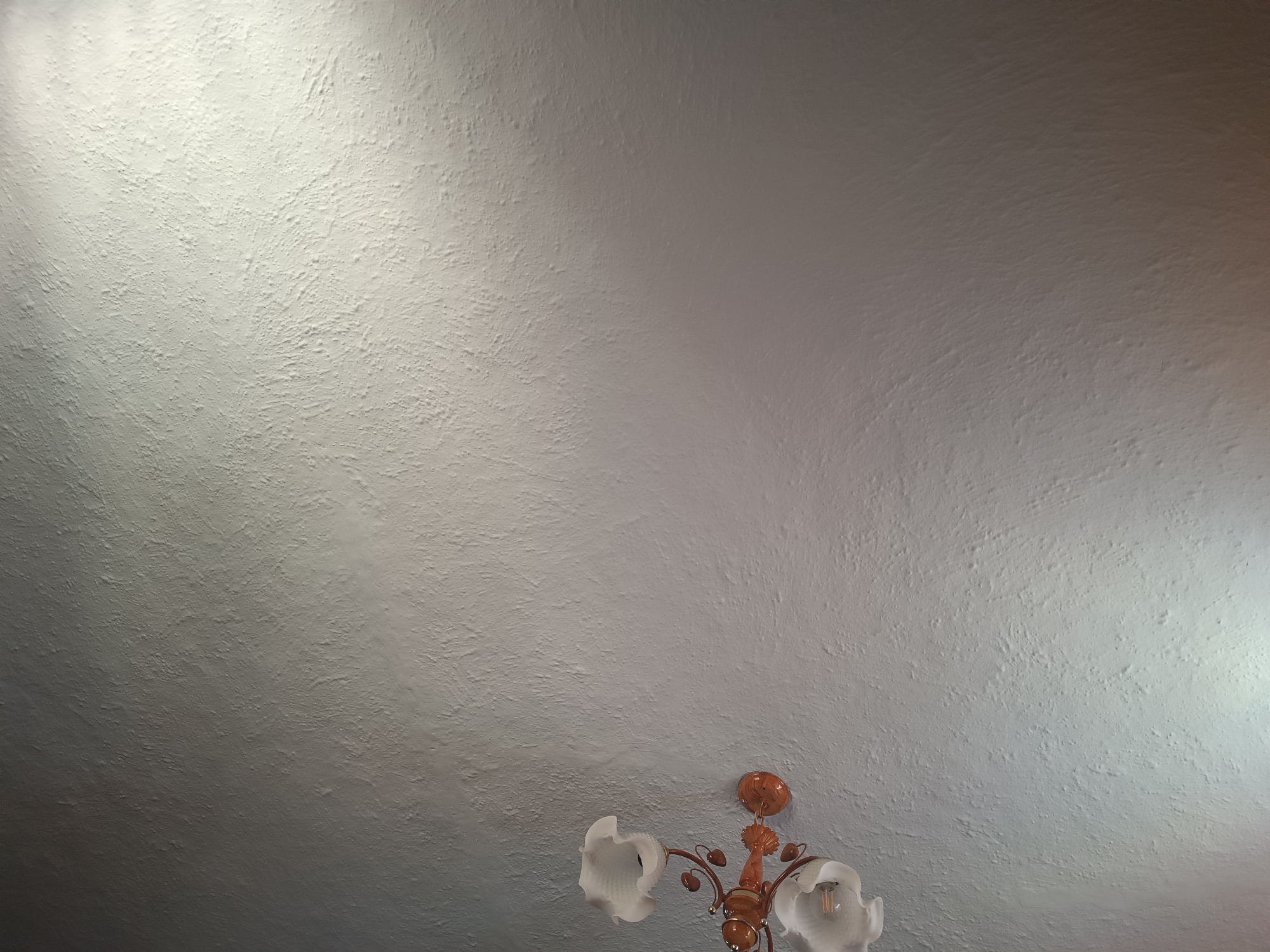 The image shows a close-up of a textured ceiling, likely painted in a light gray or off-white color. There are distinct shadows and highlights across the surface, indicating the direction and intensity of the light source, which appears to be coming from the upper left. The texture itself is uneven, with small bumps and ridges, suggesting a stucco or similar plaster finish.
In the lower right portion of the image, a portion of a chandelier is visible. It has an ornate design with a copper-colored frame. Two white, frosted glass lampshades are clearly visible, shaped like petals or flowers. There appears to be another lampshade partially obscured on the right. The chandelier is hanging from the ceiling.
The image does not provide enough information to determine the specific location within Sokoliv, Ukraine, or any details about people or actions. The scene is static and focuses on the architectural elements of a room.
