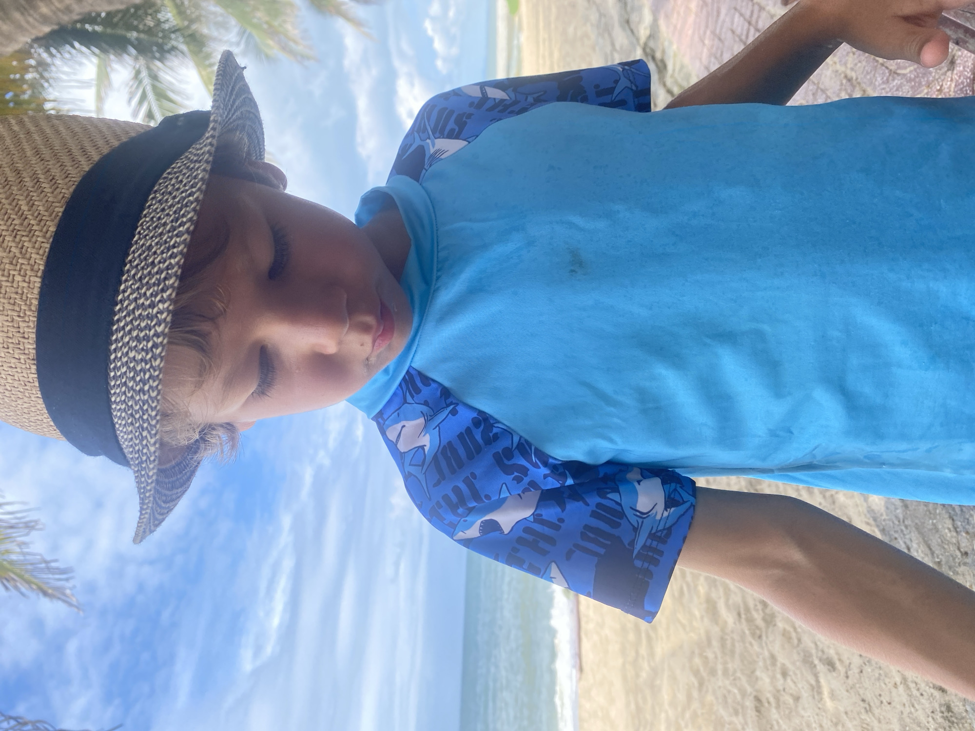 A young boy, wearing a straw fedora with a black band and a blue rash guard with a shark print on the sleeves, stands on a sandy beach in Mũi Né, Vietnam. The ocean is visible behind him, with gentle waves lapping at the shore. Palm fronds can be seen in the upper right corner, suggesting a tropical environment. The boy is looking down, his face partially obscured by the brim of his hat. The lighting indicates it is daytime, with the sun likely overhead.