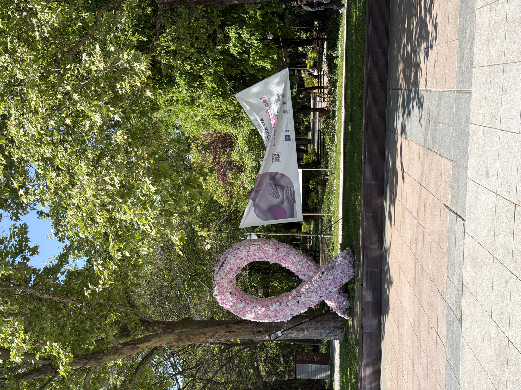 This media file, captured in Plovdiv, Bulgaria, depicts an outdoor scene centered around a large, floral pink ribbon sculpture, a prominent symbol of breast cancer awareness. The three-dimensional sculpture is intricately fashioned from countless pink and white artificial flowers, forming the iconic looped ribbon shape. It is situated on a patch of green grass, beneath the shade of expansive trees with vibrant green foliage, suggesting a sunny spring or summer day.
Behind the floral ribbon, a white fabric banner is displayed, suspended between two poles. The banner features an image of hands gently resting on a chest, implying self-examination or care related to breast health. Text written in Bulgarian is visible on the banner, including phrases such as "...ПРАВАТА!" (The Rights!) and "...и с твоя глас..." (and with your voice...). It also identifies "Българска фондация Лазар" (Bulgarian Foundation Lazar) and mentions "На 20-ти" (On the 20th), possibly indicating an event date. A QR code and multiple organizational logos are also present.
To the right of the display, a paved pathway or plaza stretches, made up of light-colored square tiles. Sunlight casts distinct shadows across this paved area, further emphasizing the bright, clear weather. In the background, beyond the display, indistinct figures of people can be seen, with one person appearing to be seated on a bench, indicating a public setting like a park or square. The overall scene conveys a message of support and awareness for breast cancer.