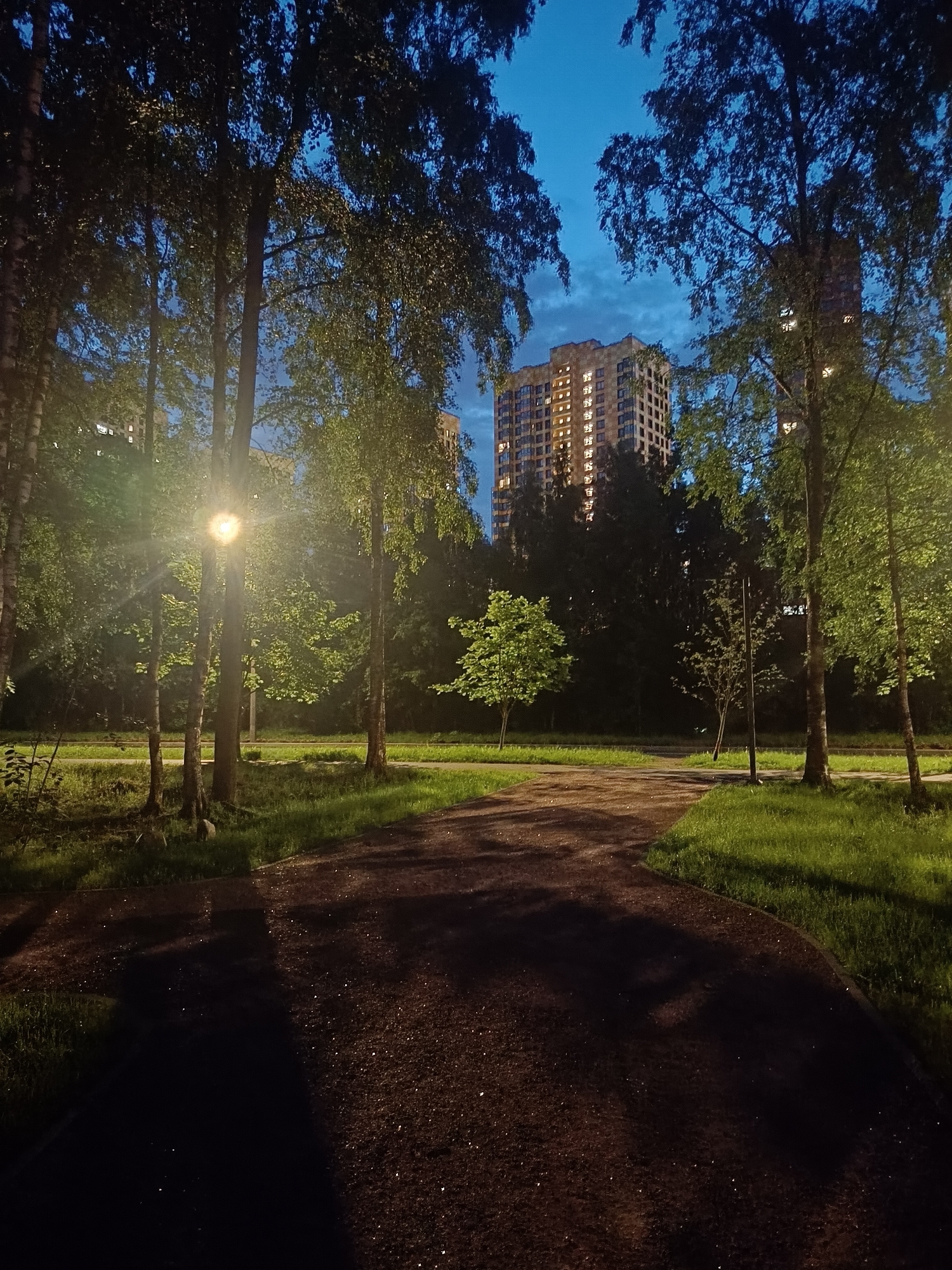 A pathway curves through a park at dusk, with tall trees framing a modern apartment building in the background. A lamppost near the center of the image emits a bright light, illuminating the surrounding foliage and the gravel pathway. The sky above is a deep blue, with hints of clouds, suggesting the transition from day to night. The building, with its windows lit, stands out against the darkening sky, indicating an urban environment. The presence of trees, grass, and a pathway suggests a public park or residential green space within a city. The overall mood is serene and quiet, characteristic of early evening in a park.