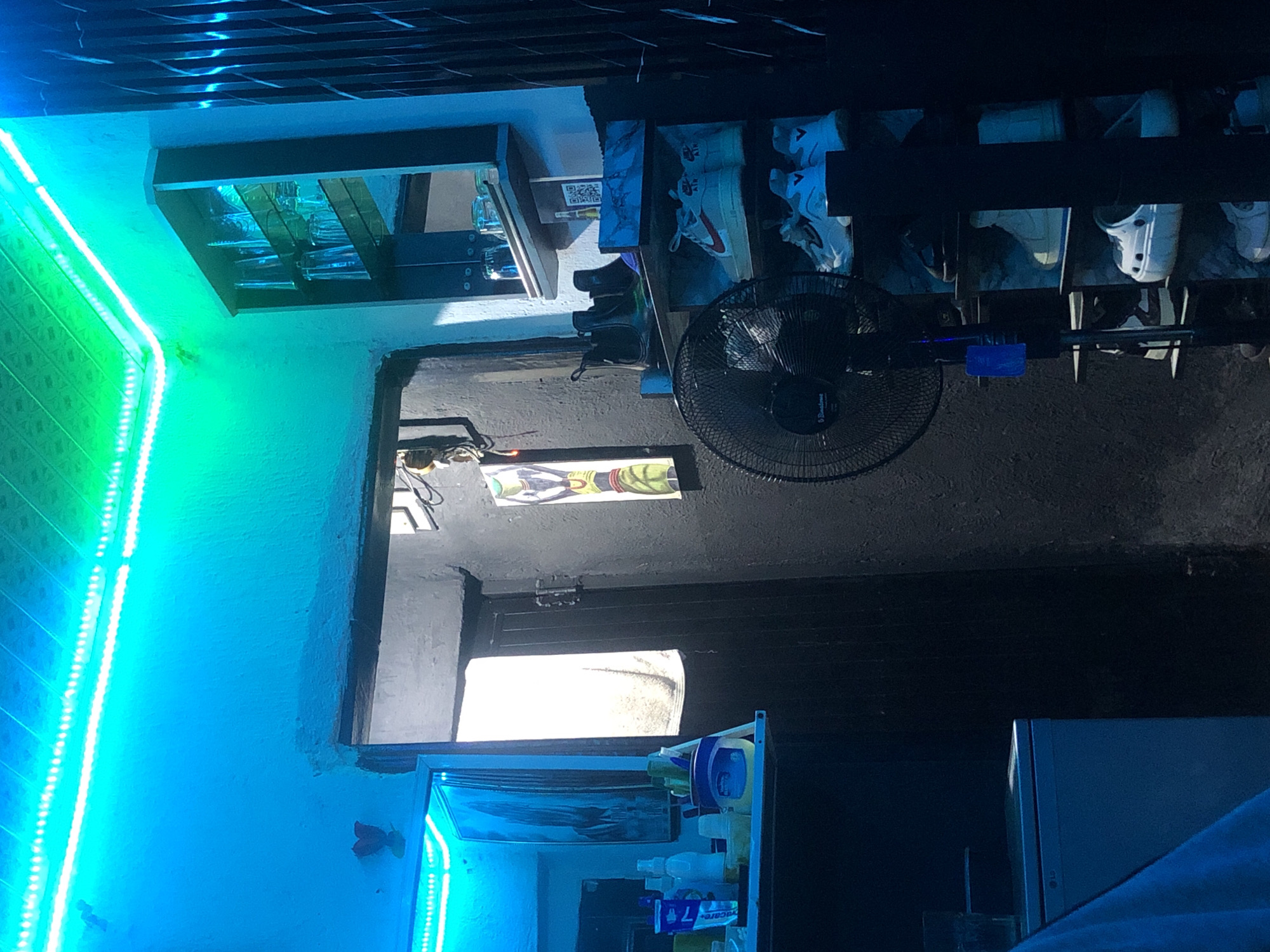 The image depicts a dimly lit, indoor scene, likely a domestic space, possibly a utility area or small room. The walls are dark and textured, with the ceiling illuminated by a strip of blue and green LED lights. In the center of the frame, a doorway leads to a brighter space, where a white towel hangs on a door. To the left of the doorway, a shelf holds various bottles and containers, suggesting toiletries or cleaning supplies. A small, dark object, possibly a decorative item, is affixed to the wall near the LED lights.
To the right of the doorway, a tall black fan stands in front of a multi-tiered shelf unit filled with shoes. The shelves display a variety of footwear, including sneakers and what appear to be clogs. Above the shoe shelves, a dark cabinet is mounted on the wall, containing several clear glasses. Further to the right, a barred gate or fence is visible. A framed piece of art, depicting a stylized human figure, hangs on the wall to the left of the fan. In the lower left corner, a portion of a light blue appliance, possibly a mini-fridge, is visible. The overall atmosphere is dark and somewhat cluttered, with the bright LED lighting creating a moody and artificial ambiance.