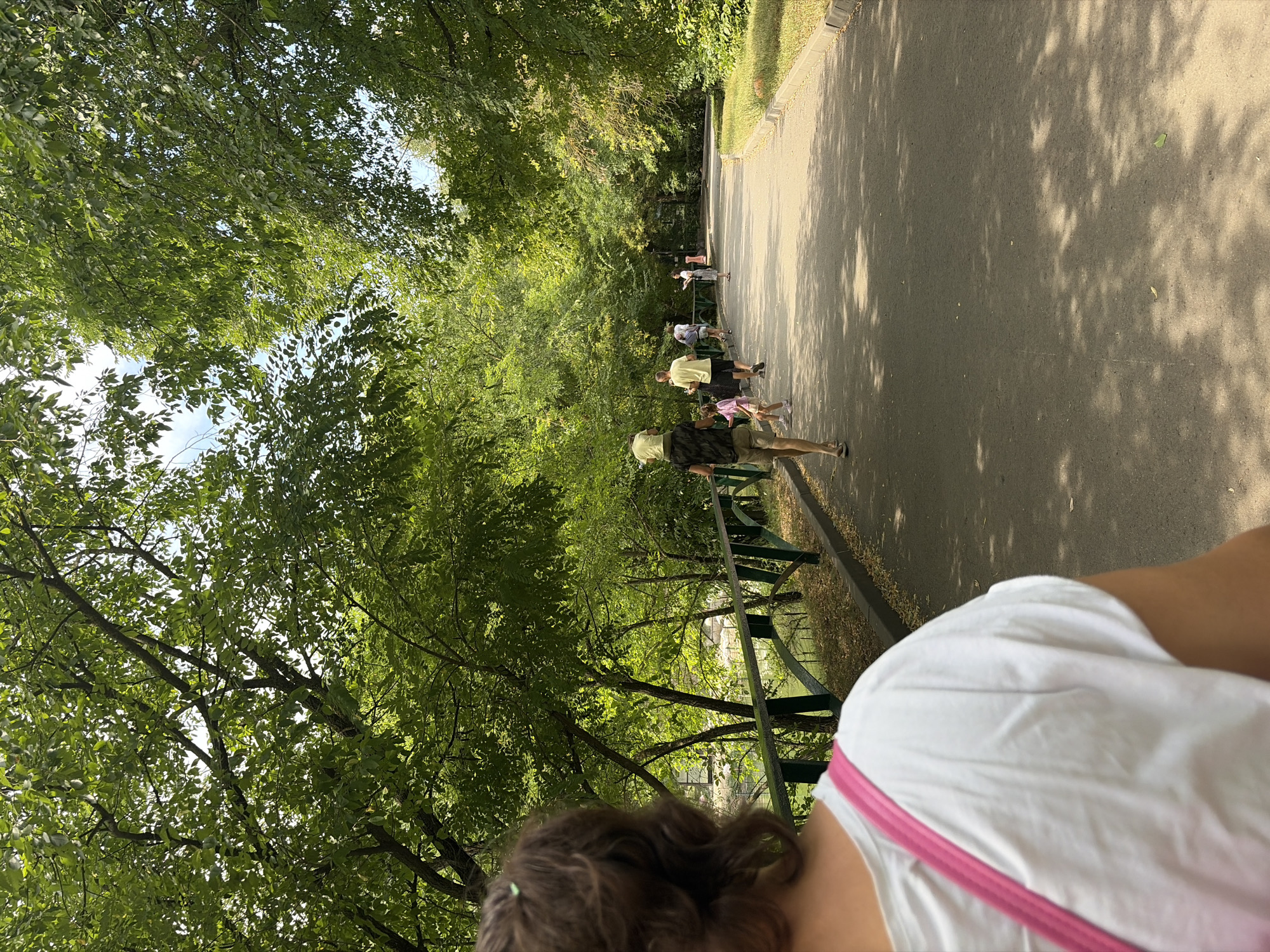 The image shows a paved pathway in a park, lined with trees and a metal fence. Several people are walking along the path, some from behind, and others are seen from the side or front as they move away from the camera. The foreground is dominated by the back of a person wearing a white t-shirt with pink straps. In the midground, a group of individuals, including children, are walking. The environment is lush with green foliage from the trees overhead, casting dappled shadows on the path. The pathway appears to lead into the distance, bordered by a grassy area on the right. The scene suggests a leisurely walk in a park on a sunny day. Without further context or visual cues, it is not possible to definitively identify the specific location in Rostov-on-Don, Russia.