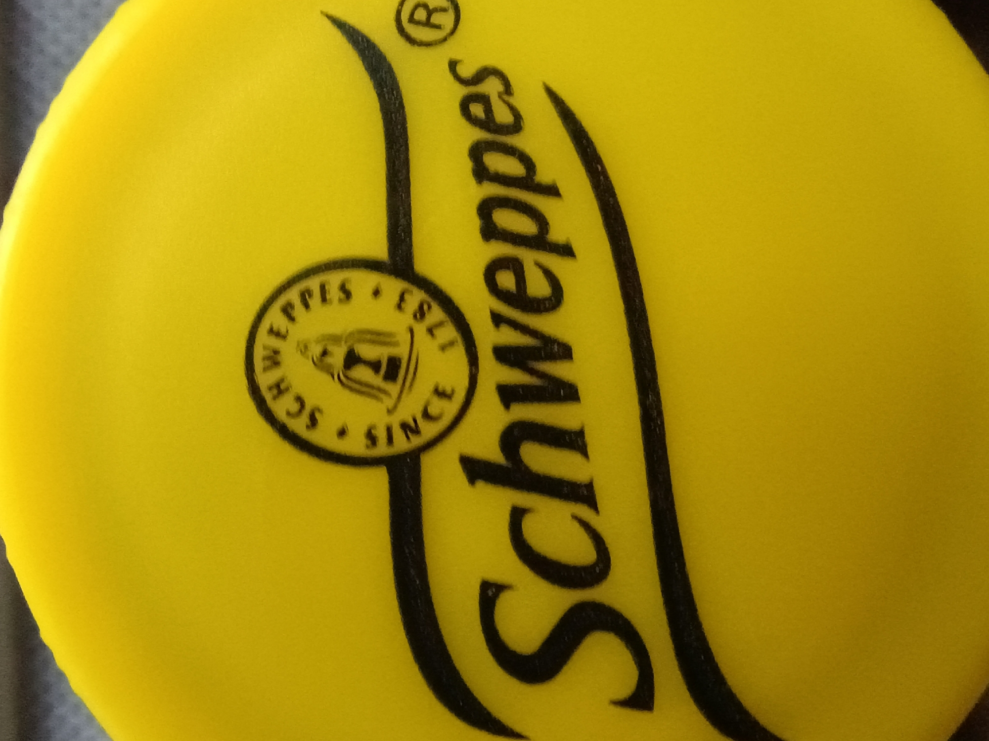 The image shows a close-up of a yellow object, likely a lid or cap, with black text and a circular logo imprinted on it. The prominent text reads "Schweppes" in a stylized font, curving along the surface. To the left of this text is a circular emblem containing smaller text and an illustration. The text within the emblem appears to be "SCHWEPPES", "SINCE", and "1783", surrounding an image of what looks like a classical building or monument. A registered trademark symbol "®" is visible above the "Schweppes" text. The object has a slightly textured surface, and the lighting suggests it is an indoor or evenly lit outdoor setting. The context provided indicates the location is Zaporizhzhia, Ukraine, but there are no specific visual cues in the image to confirm this.