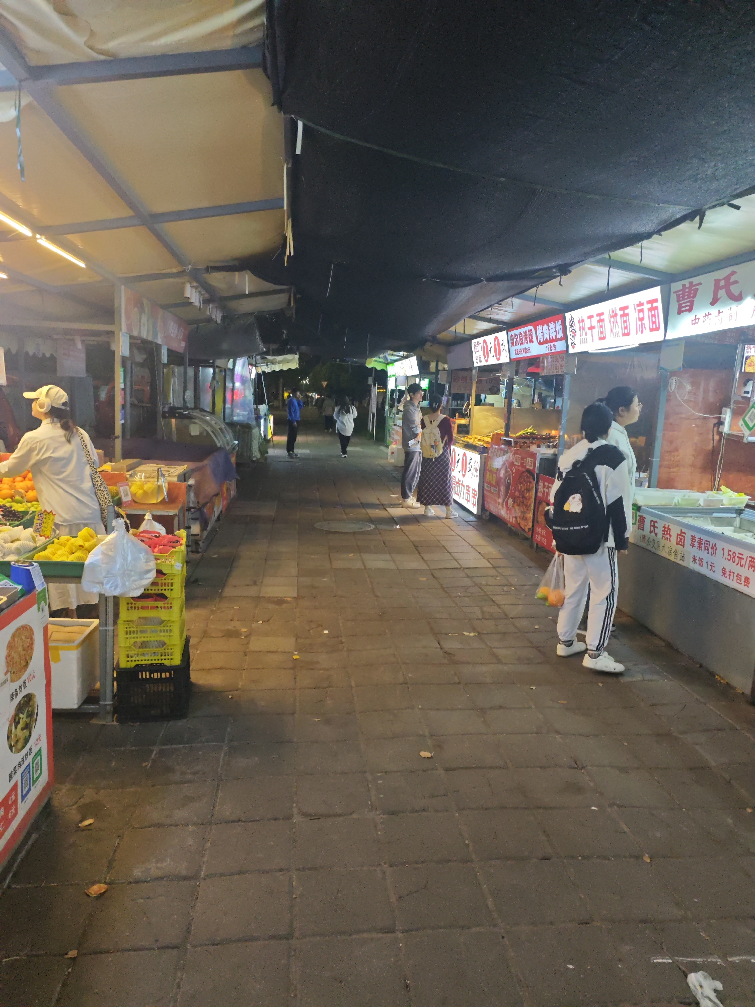 The image depicts a street scene in the Shapingba District of China at night. Vendors are selling food and fruit. Patrons are standing in front of food stalls, waiting to be served. People are walking in the middle of the street away from the camera. There are signs in Chinese characters. The ground is paved with dark grey bricks. Overhead are canopies that shelter people from the elements.