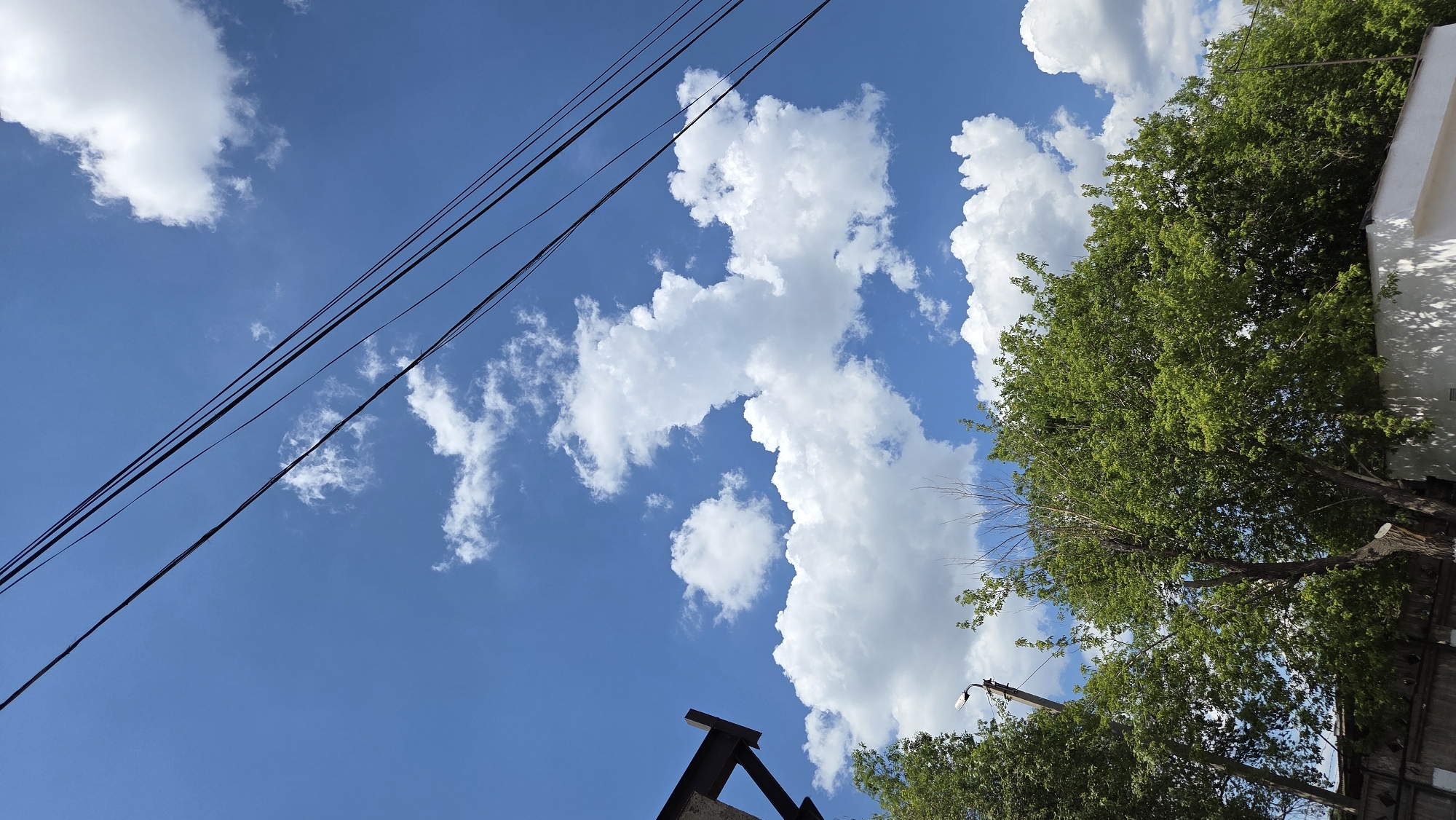 The image shows a bright blue sky with scattered white clouds. Several power lines run diagonally across the upper portion of the frame. In the lower half, lush green trees fill the view, with some branches extending upwards towards the sky. A dark metal structure, possibly part of a building or support, is visible in the upper left corner. A fence and a white structure are partially visible at the bottom of the image. A utility pole with a light fixture is also present among the trees. The scene appears to be outdoors, under daylight conditions.