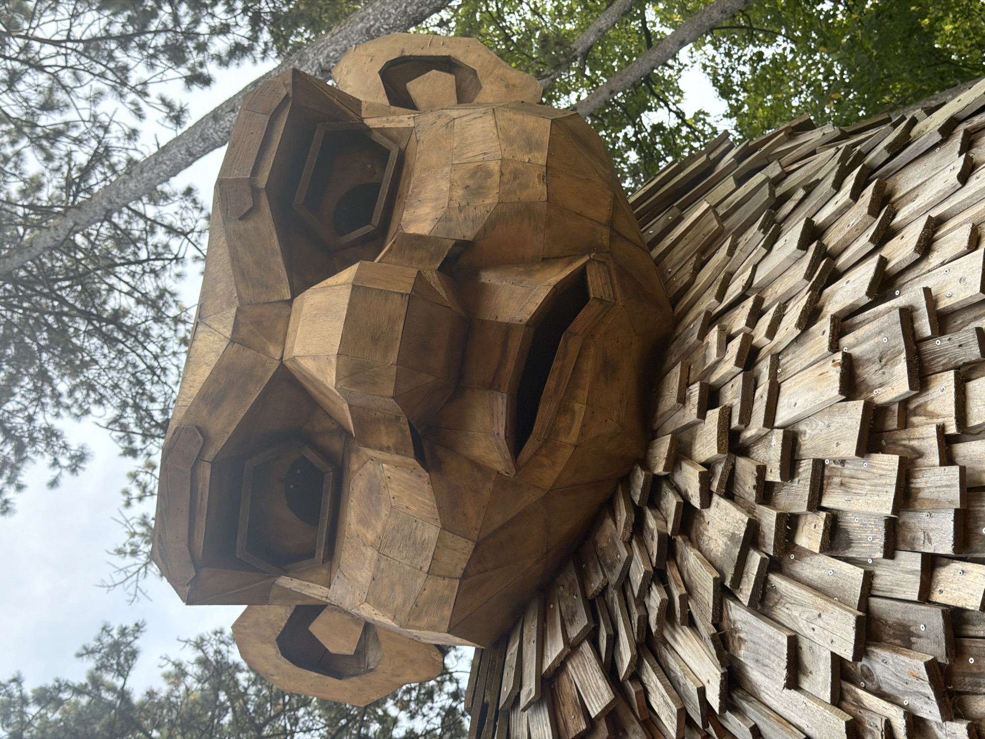 The image shows a close-up, low-angle view of a large wooden sculpture of a troll's head, situated outdoors amongst trees. The troll's head is constructed from geometric wooden panels and has large, hexagonal eye sockets and prominent ears. The lower portion of the sculpture, appearing as its body or shoulders, is covered in overlapping wooden shingles, giving a textured, scaled appearance. The backdrop consists of tree trunks and branches with green foliage, and a cloudy sky. The sculpture is likely part of an outdoor art installation or park.