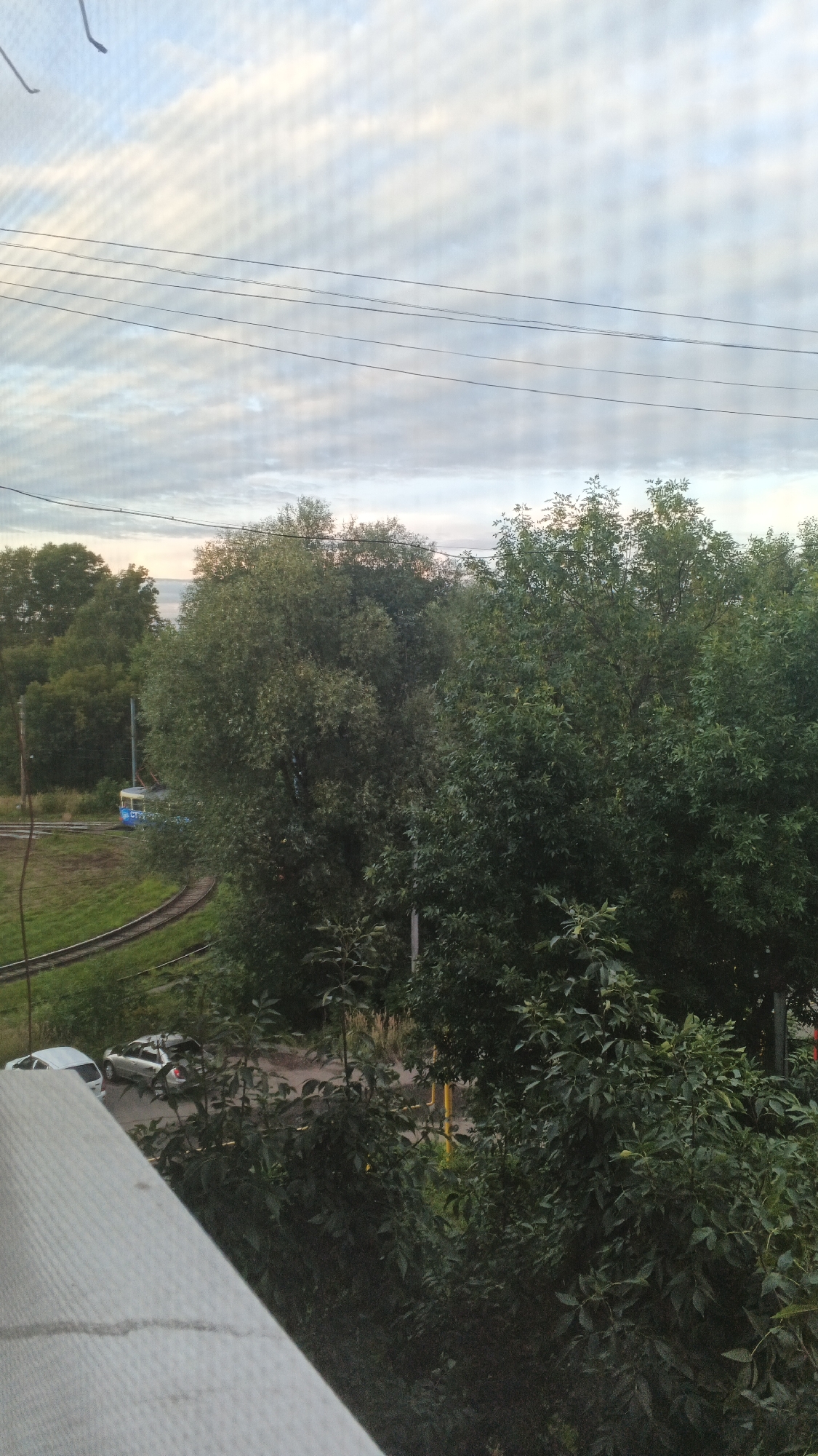 The image captures a view from a window in Izhevsk, Russia, looking out over a scene dominated by lush green trees. In the background, a tram or trolleybus with blue and white markings is visible on a set of tracks, suggesting a public transportation route. To the left, a white car is parked, and next to it is a silver car with its trunk open. The sky above is partly cloudy with a soft, diffused light, indicating either early morning or late evening. The foreground features a portion of a white, textured surface, likely a windowsill or balcony railing, which is out of focus.