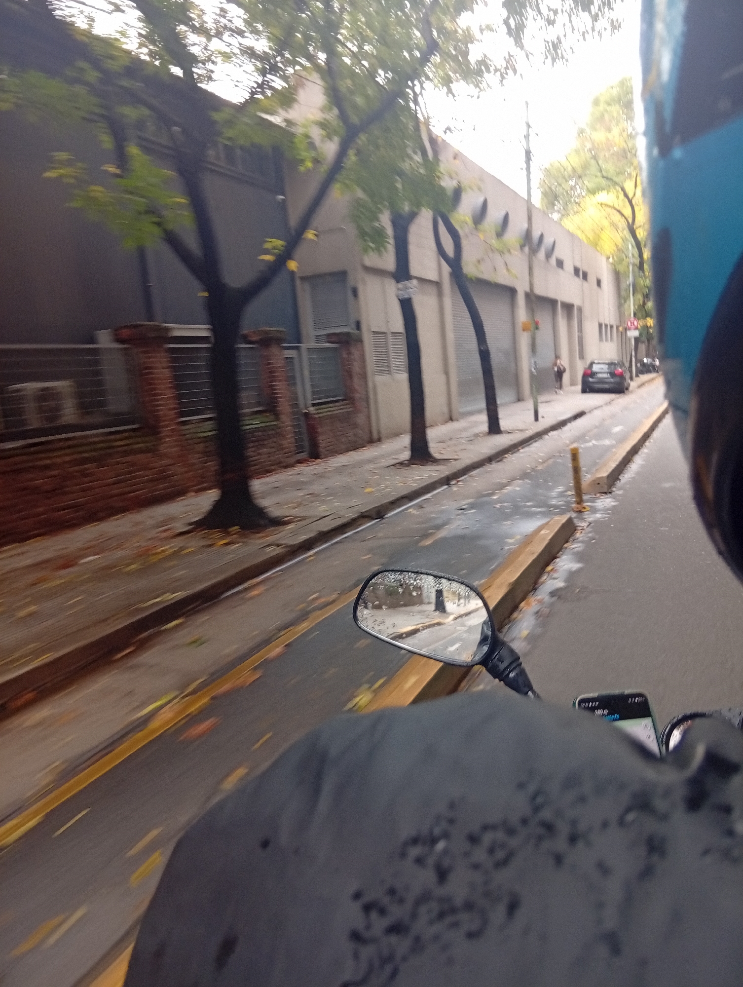The image captures a first-person perspective from a motorcycle or scooter moving along a wet urban street in Buenos Aires, Argentina. The rider's dark-colored, water-speckled glove or sleeve is prominent in the foreground, with a blue section of the vehicle visible to the right. The right-side rearview mirror is covered in water droplets and reflects the wet road and sidewalk. A smartphone mounted on the handlebars displays "2:00" and other indistinct icons.
The street surfaces, including the asphalt and curbs, appear damp, indicating recent rain or mist. Yellow painted lines mark the edge of the road, and scattered autumn leaves (yellow and brown) are visible on the road and sidewalk. On the right side of the street, a series of low, concrete barriers or dividers separates lanes or pedestrian areas.
To the left, a sidewalk runs alongside a series of buildings. These structures have a functional, industrial or commercial appearance, with plain grey or beige facades, numerous roll-up garage doors, and some fenced windows. A section of a brick wall with a metal fence and outdoor air conditioning units can be seen. Trees with sparse, light green and yellow leaves line the sidewalk. In the distance, a person walks on the sidewalk, and a dark car is parked by the curb. Street signs are present but their text is illegible. The scene conveys an overcast, damp day in an urban environment.