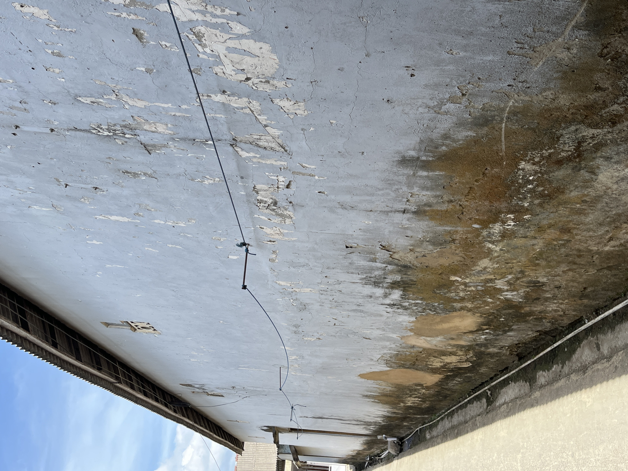 The image depicts a weathered, light blue wall with peeling paint and patches of discoloration, possibly due to moisture damage. The wall runs along a narrow, paved pathway. Above the wall, a corrugated metal roof is visible, angled against a bright blue sky with scattered white clouds. A black wire is strung horizontally across the wall. On the left side of the pathway, two white ducks are present. In the distance, other buildings with similar roofing and walls can be seen. The scene appears to be an outdoor alleyway or side street. The presence of the pathway and the style of the buildings suggest an urban or semi-urban environment. The overall impression is one of age and some degree of disrepair.