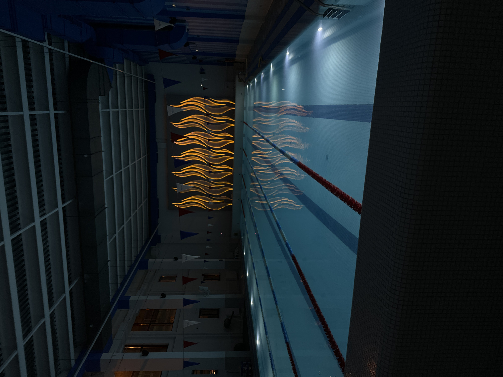 The image depicts an indoor swimming pool, featuring multiple lanes separated by lane ropes. The pool water is a pale blue, reflecting the overhead lighting and decorative wave-like patterns on the adjacent wall. The wall opposite the pool has a series of windows and is adorned with flags. The environment appears dimly lit, with shadows prominent along the edge of the pool and the wall to the right of the pool. The pool is likely located in Vniissok, Russia.