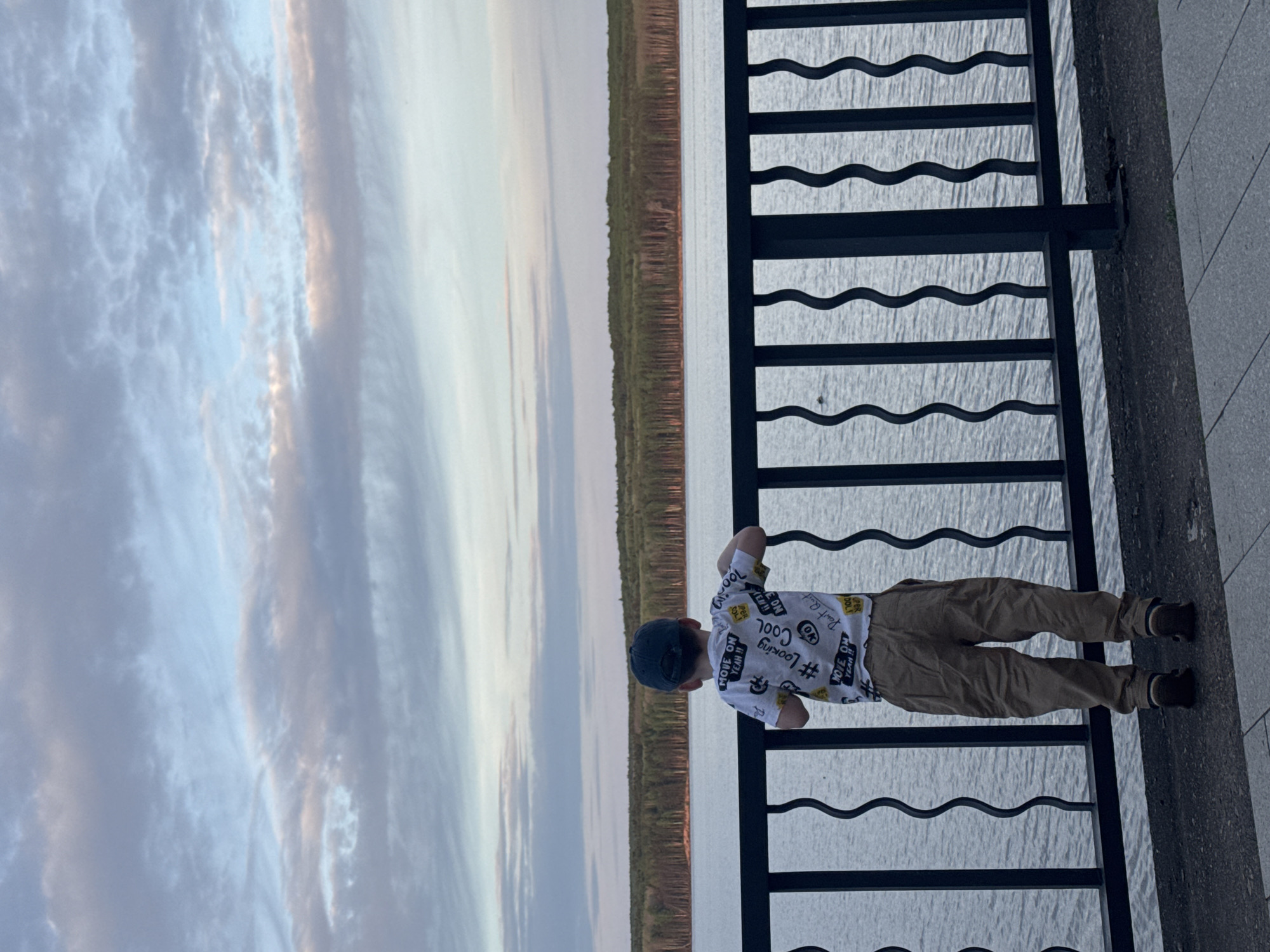 A boy in a white shirt with text, khaki pants, and a blue cap is leaning over a black metal railing overlooking a body of water with a forest in the distance, under a cloudy sky. The location is Chaikovsky, Russia.