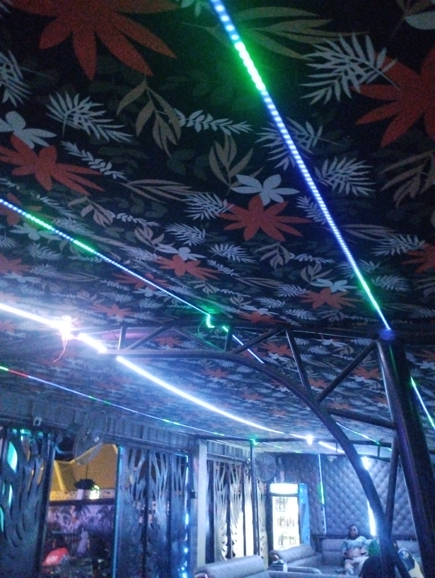 The image appears to be taken inside a semi-open structure, likely in Tumfure, Nigeria, with a canopy overhead displaying a pattern of various leaves and flowers. The canopy is illuminated by multicolored LED strip lights. The structure seems to be supported by a metal frame.
The interior of the structure features seating arrangements consisting of upholstered benches. People are visible seated on the benches. The walls are partially obscured by decorative vertical panels with a tree-like design. A fan and a refrigerated display case are also present within the structure.