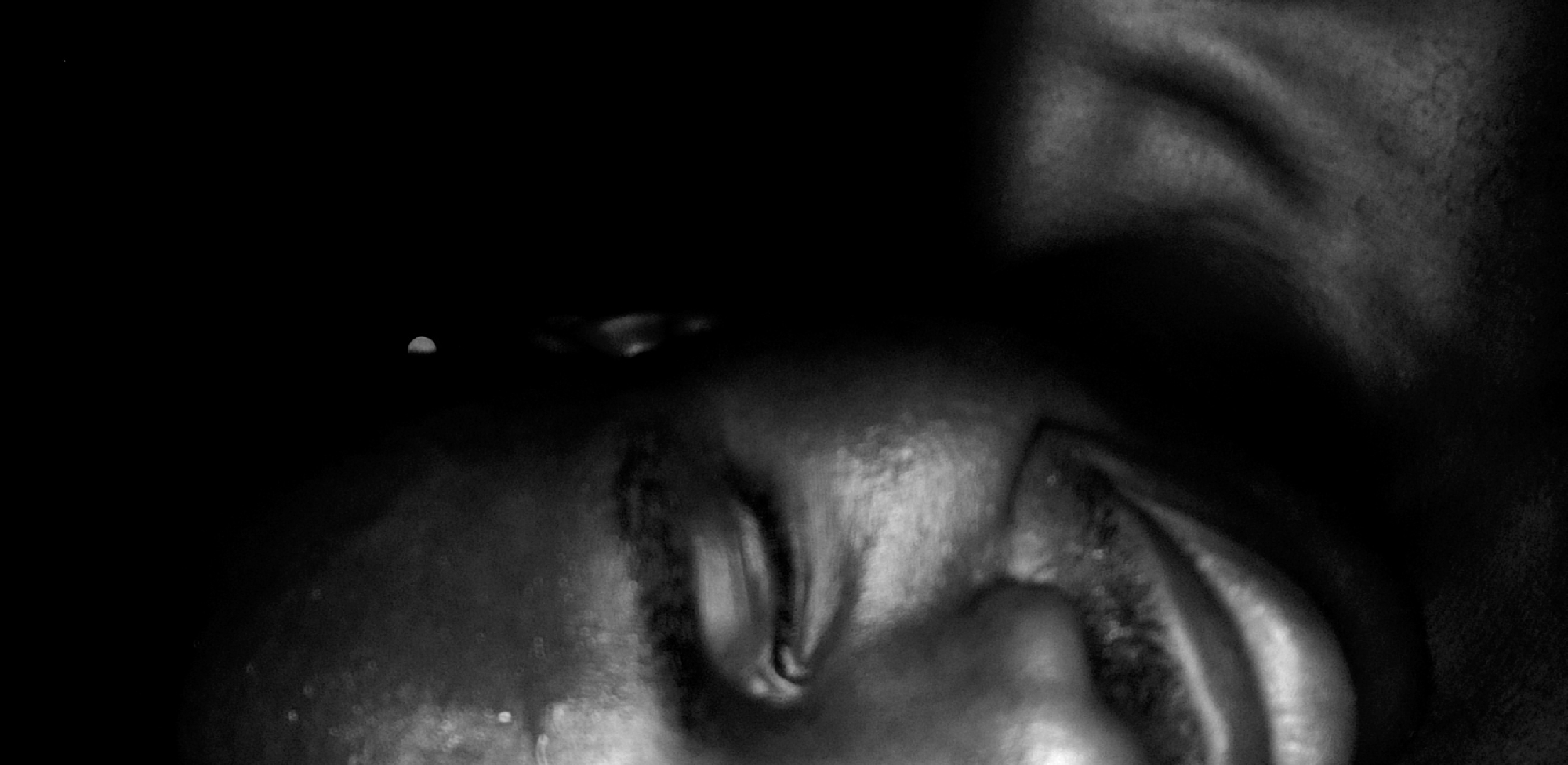 The image is a close-up, black and white, low-contrast photograph of a person's face in deep shadow. The person appears to be sleeping, with their eyes closed. The face is angled slightly upward towards the left. A small, bright object, possibly the moon, is visible in the upper left corner of the image, suggesting a nighttime environment. The image lacks sufficient information to determine the exact location in Narayi, Nigeria, or any specific activities or interactions.