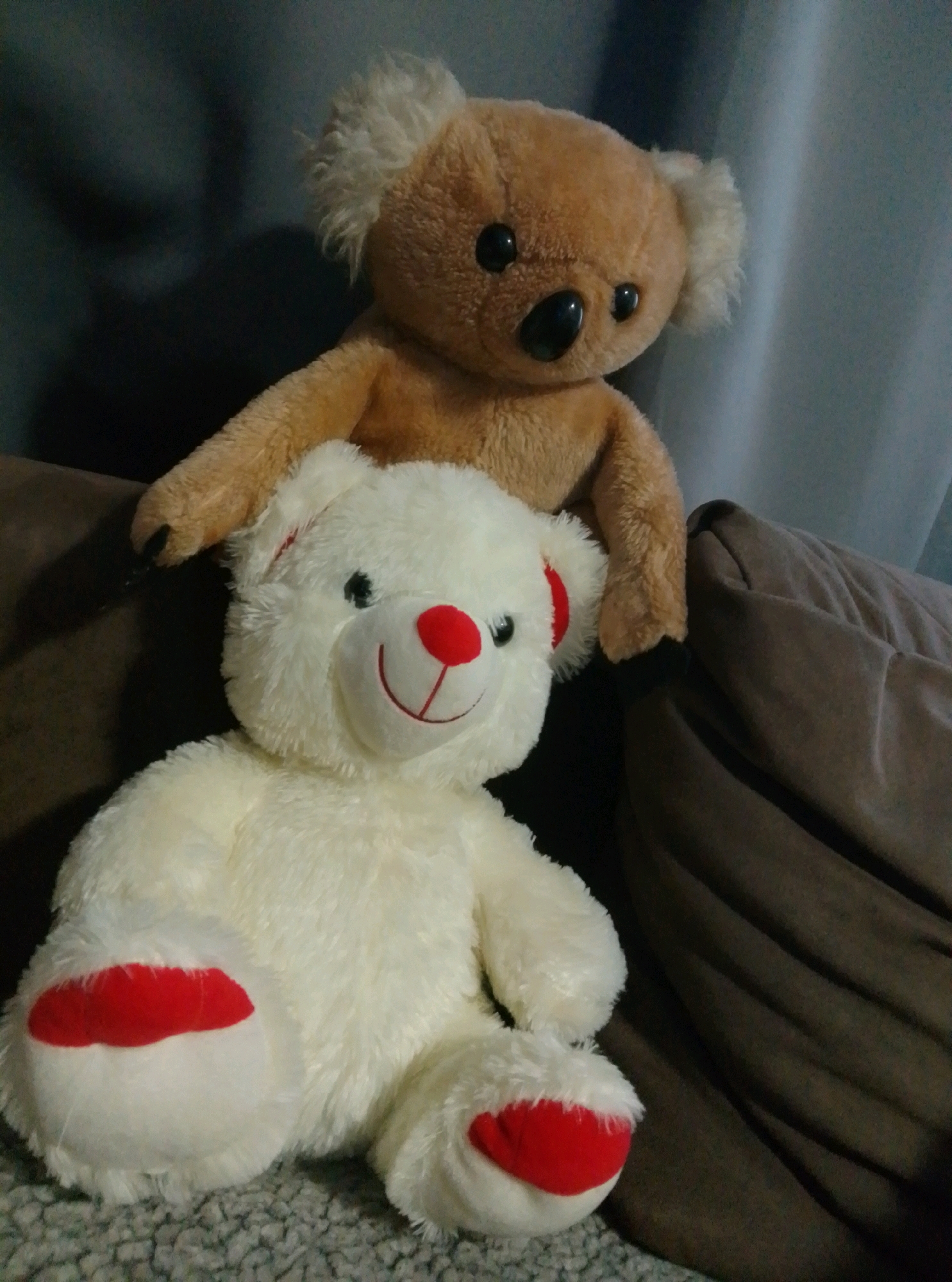 Two plush toys are positioned on a textured surface, possibly a couch or bed. The foreground features a white teddy bear with red accents on its ears and paws. It has a red nose and a stitched smile. Behind the teddy bear, a tan-colored plush koala bear is visible, its head and upper body appearing slightly above and behind the teddy bear. The koala has dark eyes and a black nose. The background is out of focus, with hints of dark and light surfaces, suggesting an indoor environment. There are no people present in the image, and no discernable location information within the city of Wedel, Germany is provided by the visual content.